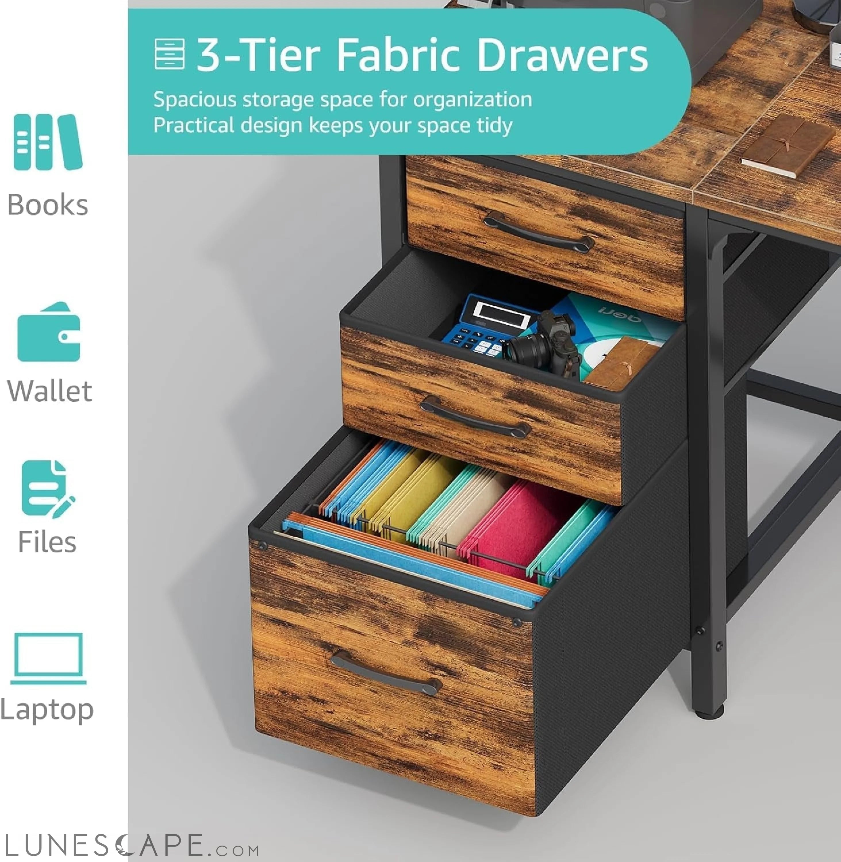 Computer Desk with Fabric File Drawers Cabinet, 47 Inch Home Office LUNESCAPE