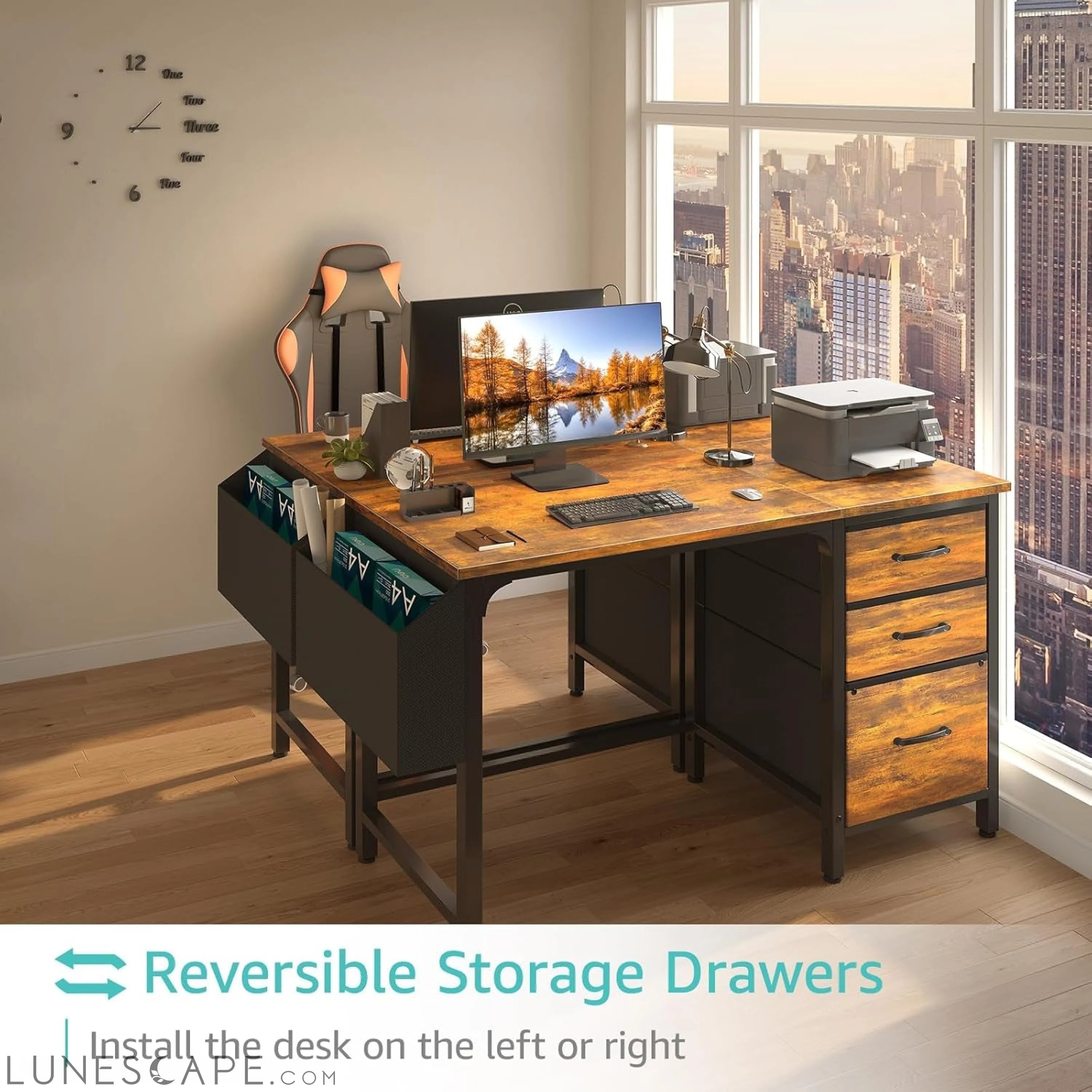 Computer Desk with Fabric File Drawers Cabinet, 47 Inch Home Office LUNESCAPE