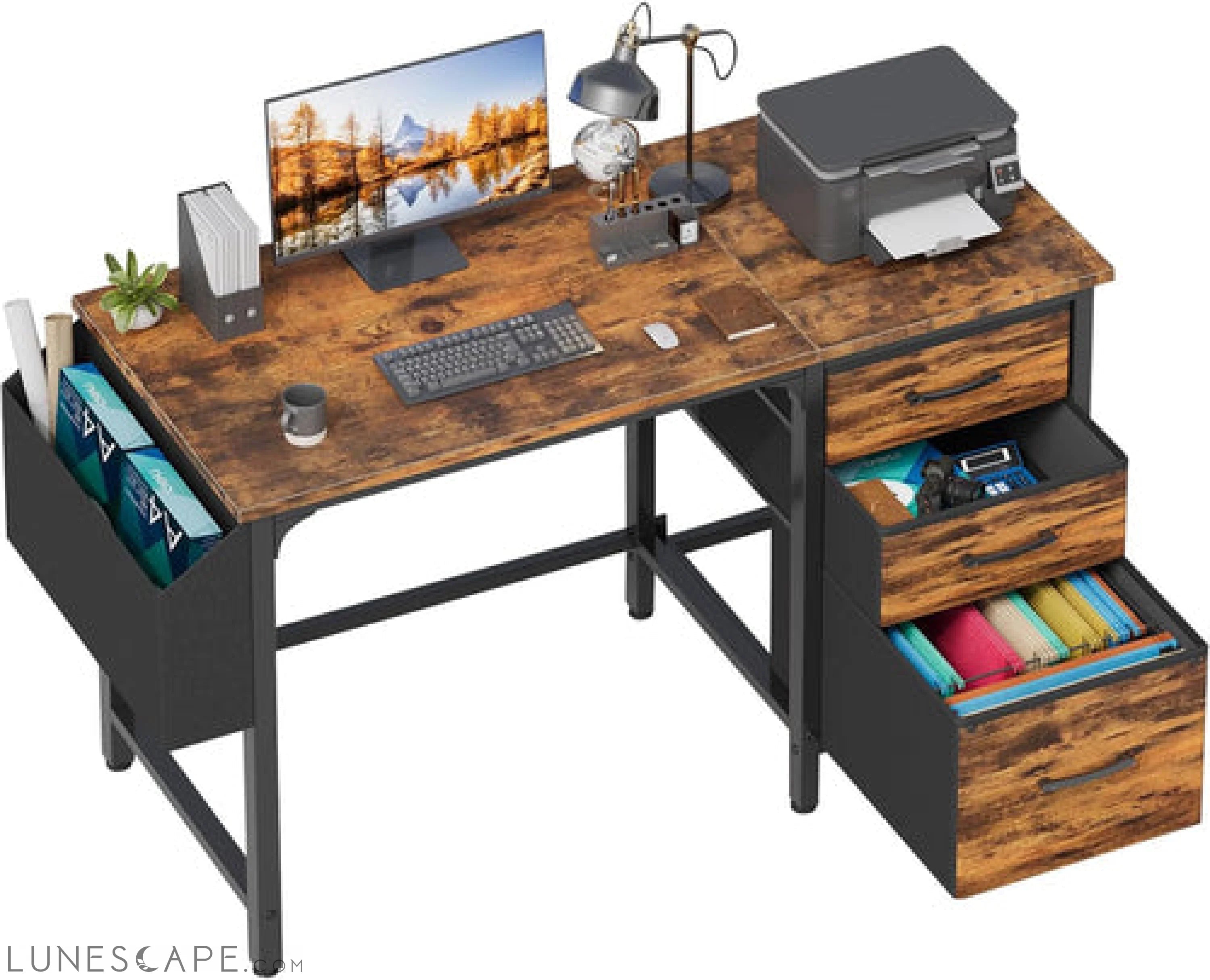 Computer Desk with Fabric File Drawers Cabinet, 47 Inch Home Office LUNESCAPE