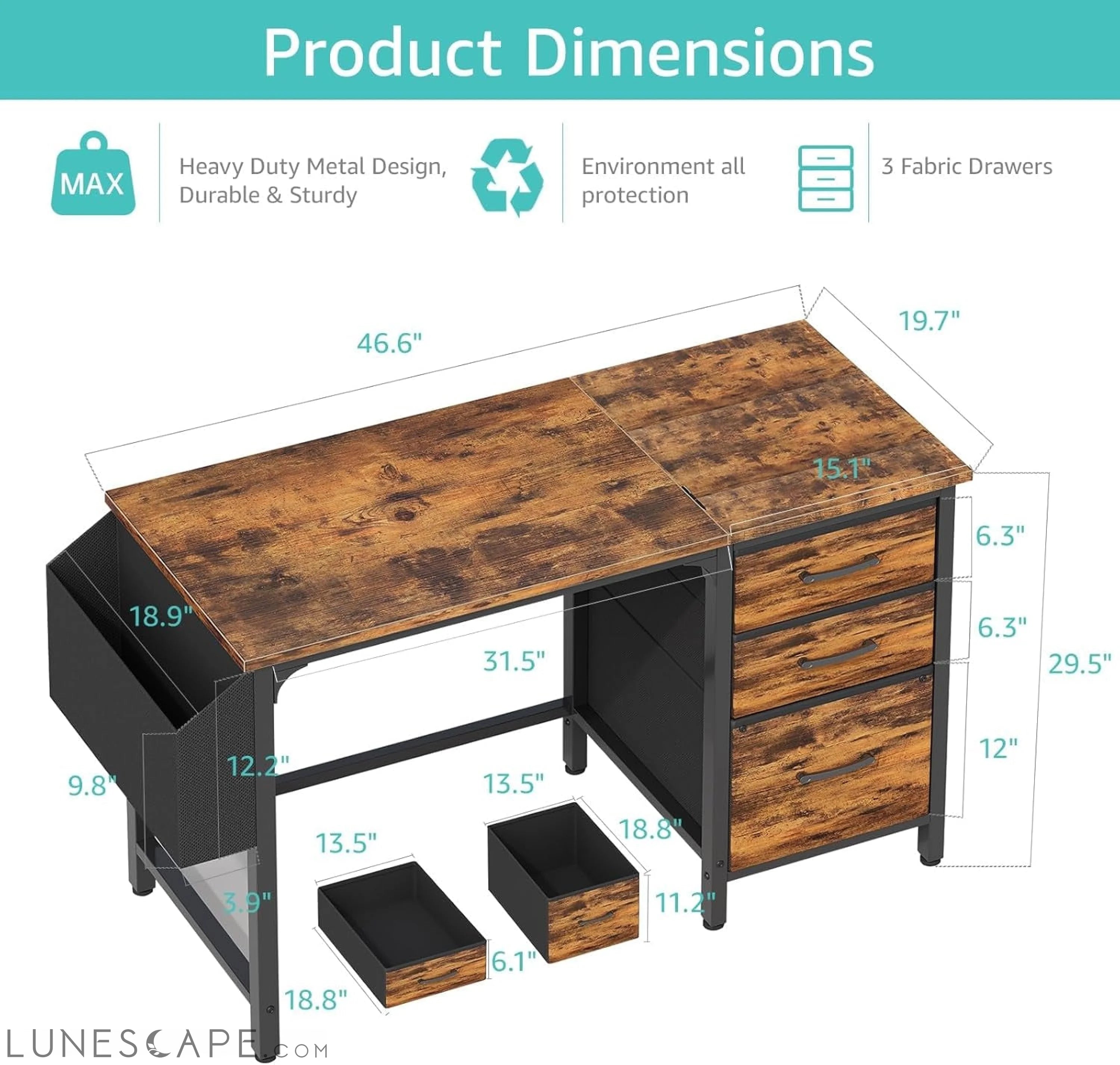 Computer Desk with Fabric File Drawers Cabinet, 47 Inch Home Office LUNESCAPE