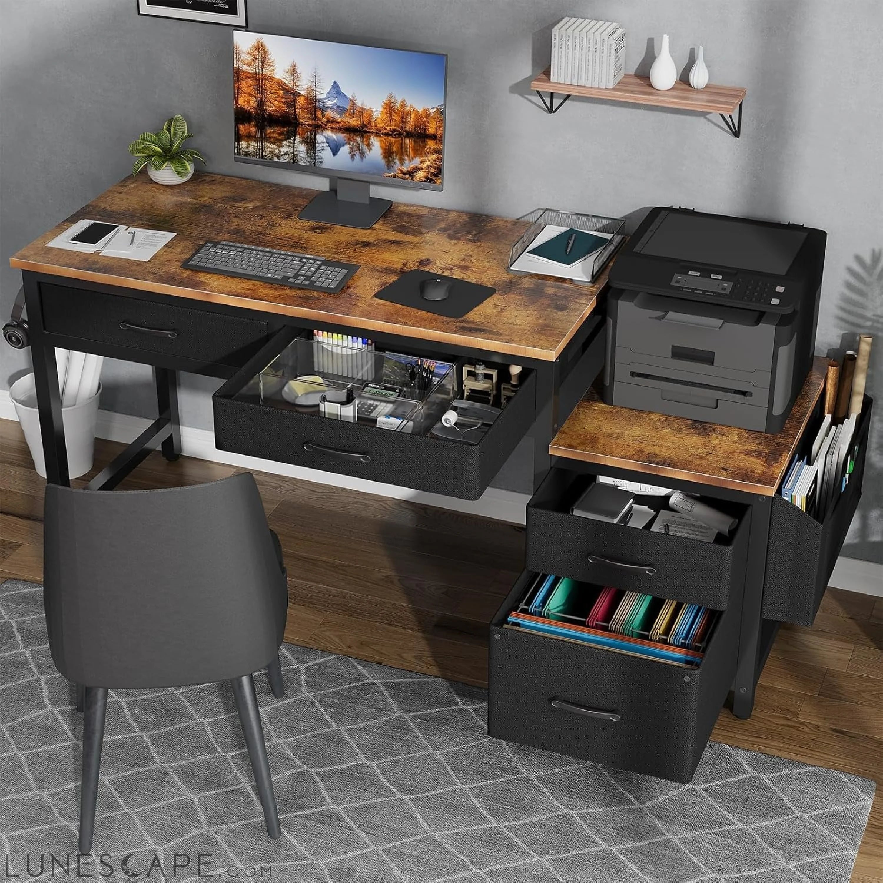 Computer Desk with Fabric File Drawers Cabinet, 57 Inch Home Office LUNESCAPE