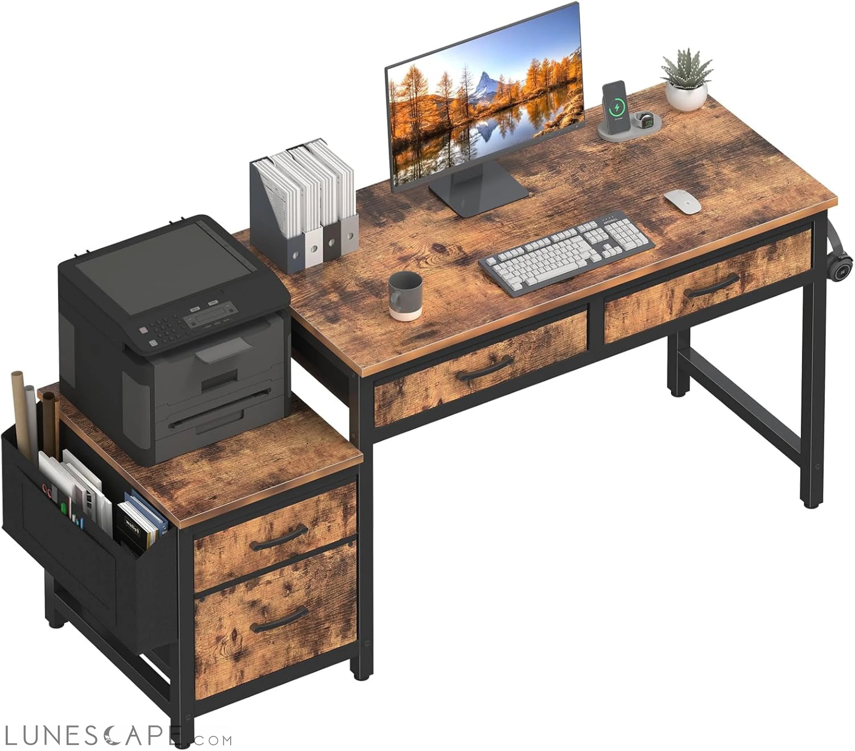 Computer Desk with Fabric File Drawers Cabinet, 57 Inch Home Office LUNESCAPE
