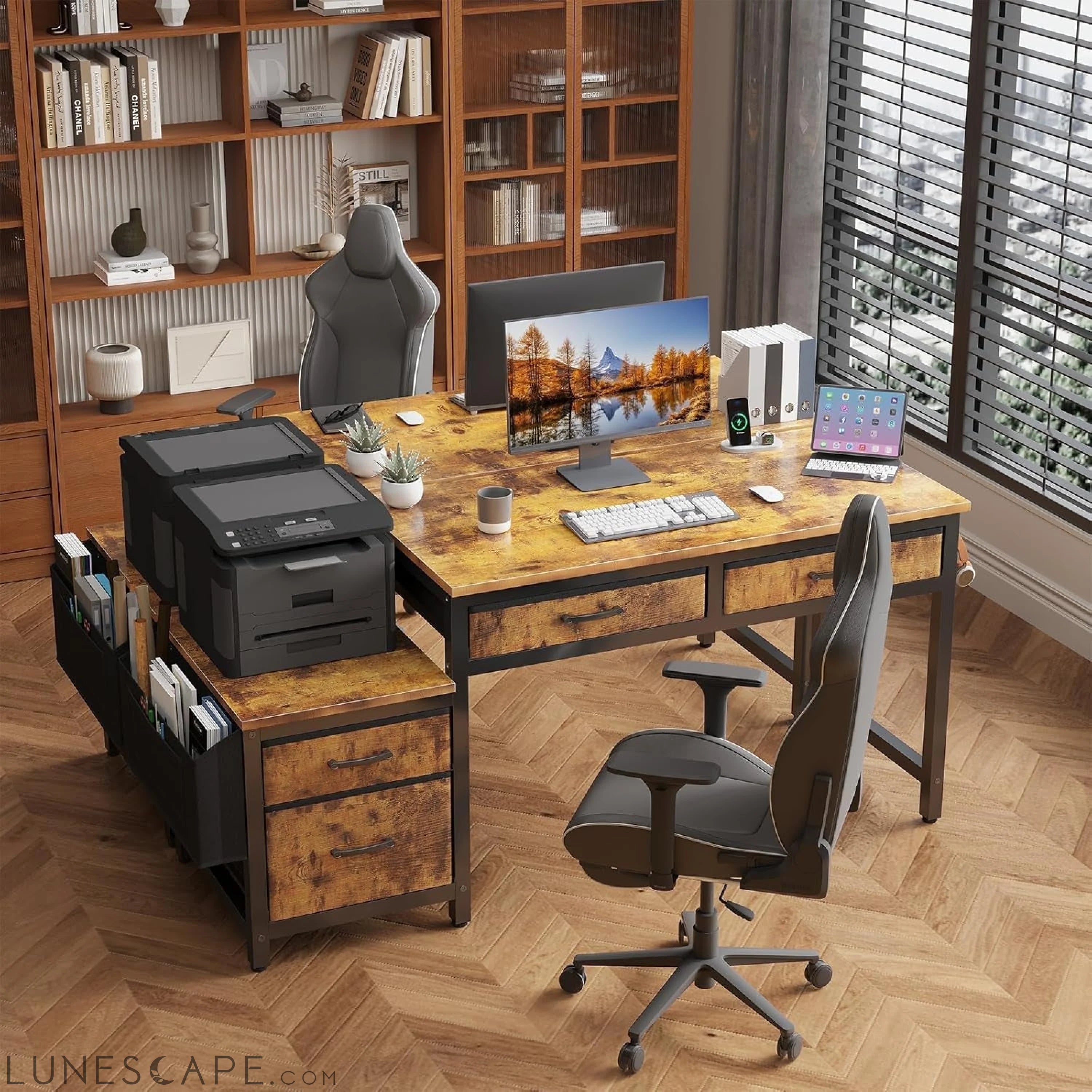 Computer Desk with Fabric File Drawers Cabinet, 57 Inch Home Office LUNESCAPE