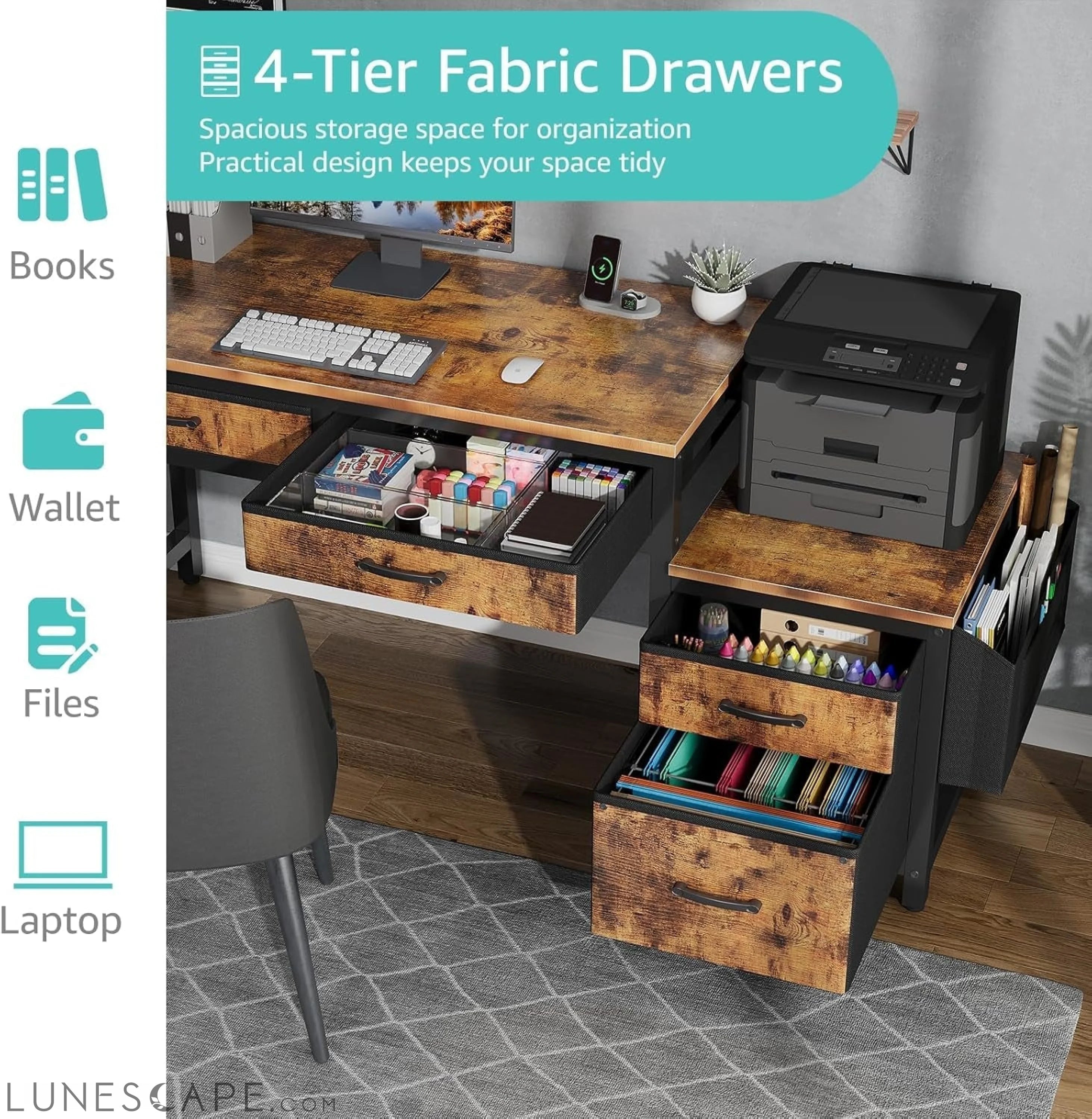 Computer Desk with Fabric File Drawers Cabinet, 57 Inch Home Office LUNESCAPE