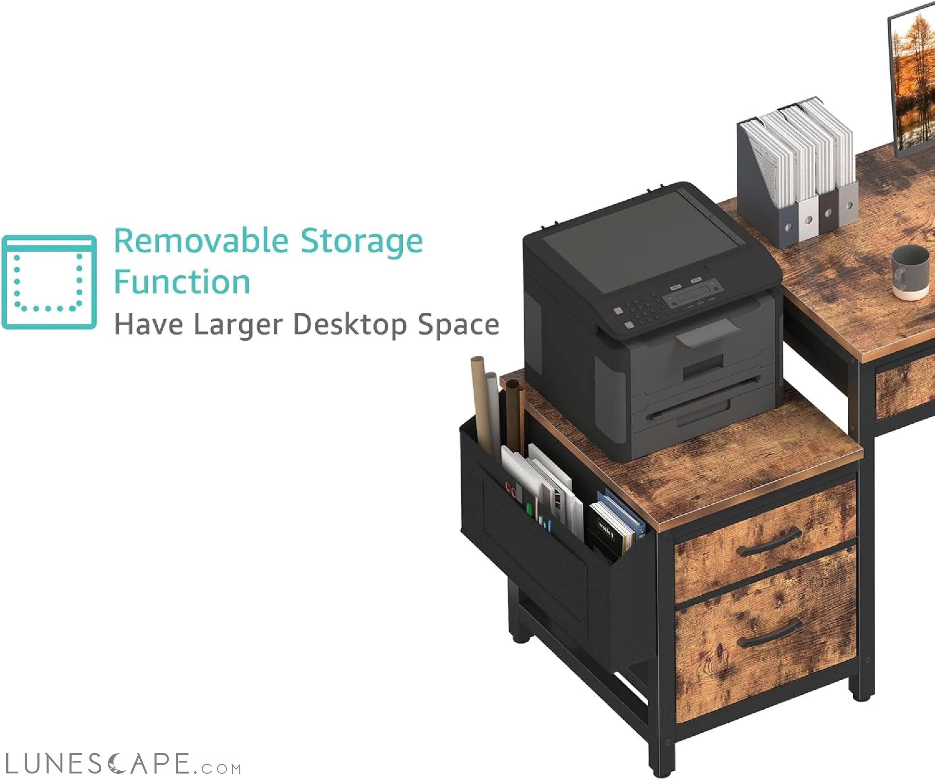 Computer Desk with Fabric File Drawers Cabinet, 57 Inch Home Office LUNESCAPE