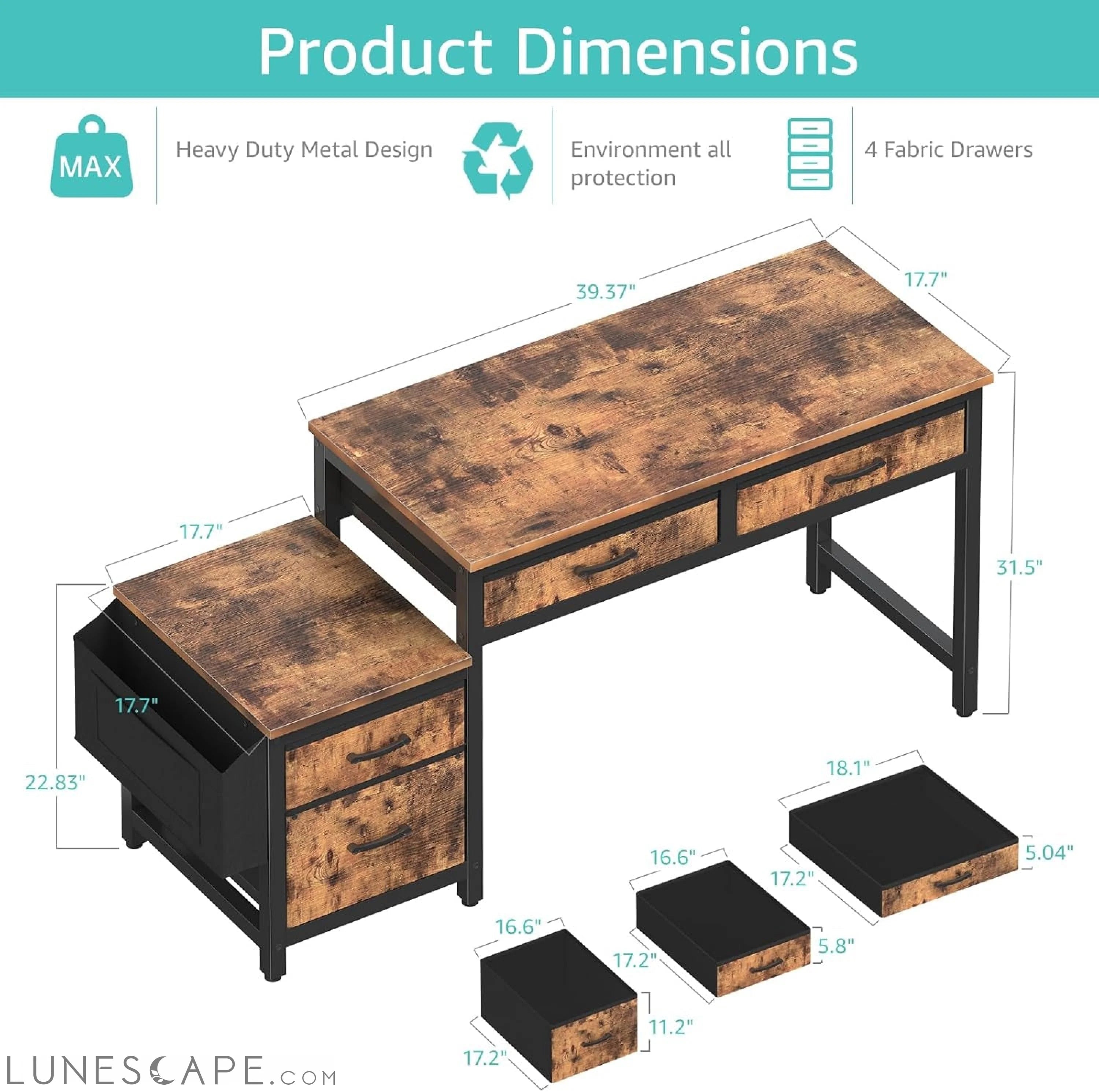 Computer Desk with Fabric File Drawers Cabinet, 57 Inch Home Office LUNESCAPE