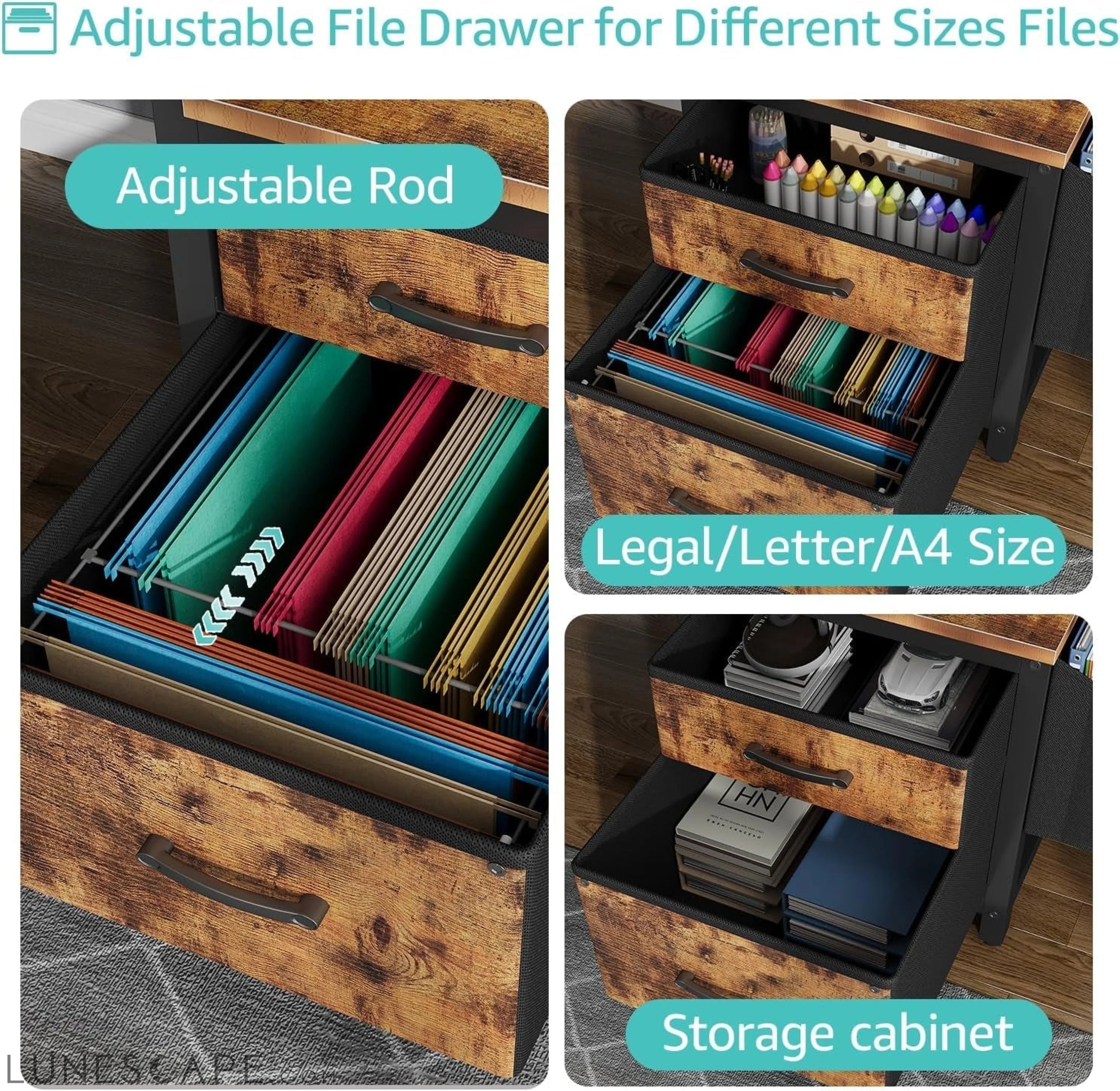 Computer Desk with Fabric File Drawers Cabinet, 57 Inch Home Office LUNESCAPE