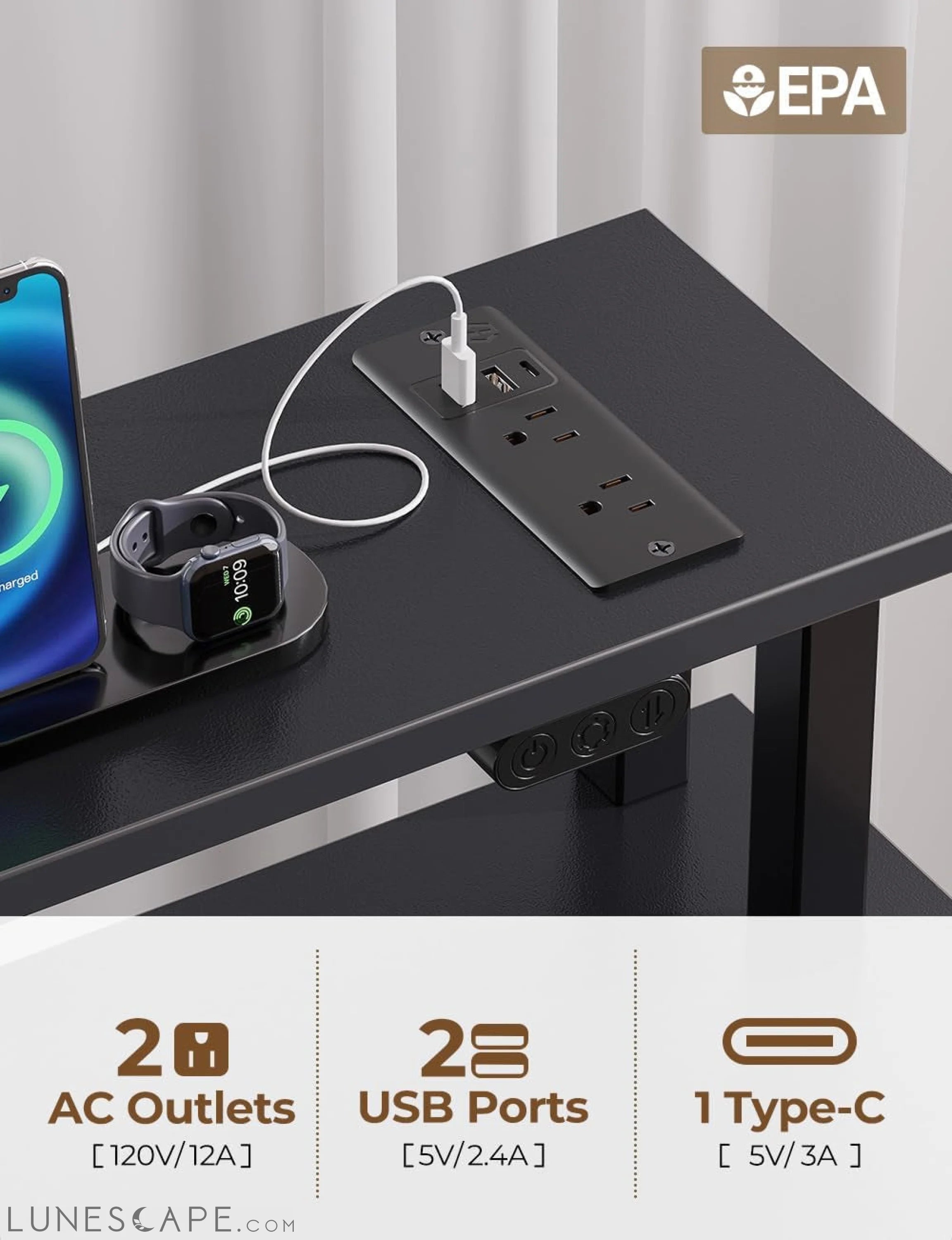 Computer Desk with Power Outlets & LED Light, 39 Inch Home Office Desk LUNESCAPE