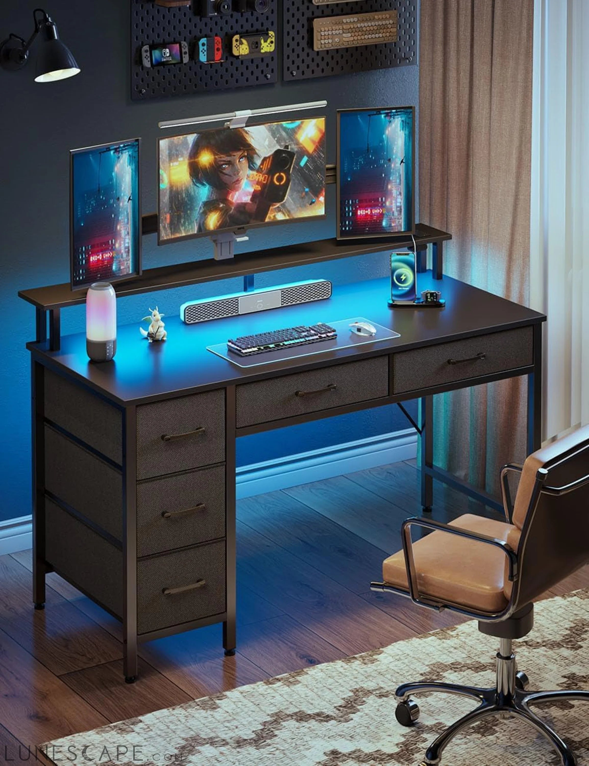 Computer Desk with Power Outlets & LED Light, 39 Inch Home Office Desk LUNESCAPE