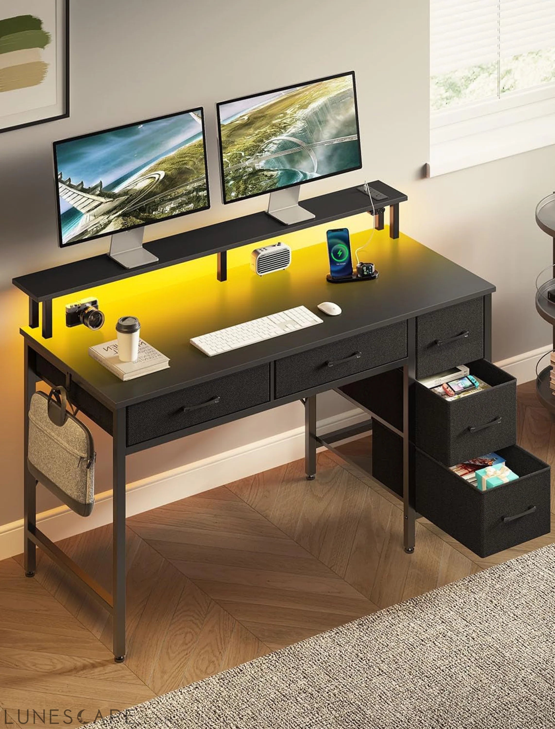 Computer Desk with Power Outlets & LED Light, 39 Inch Home Office Desk LUNESCAPE