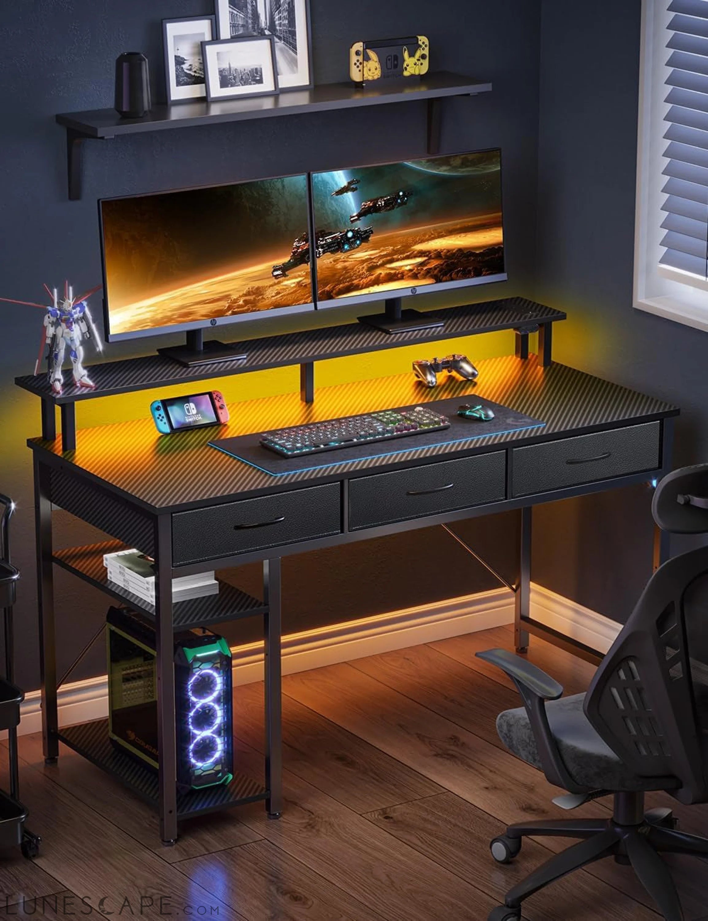 Computer Desk with Power Outlets & LED Light, 47 Inch Home Office Desk LUNESCAPE
