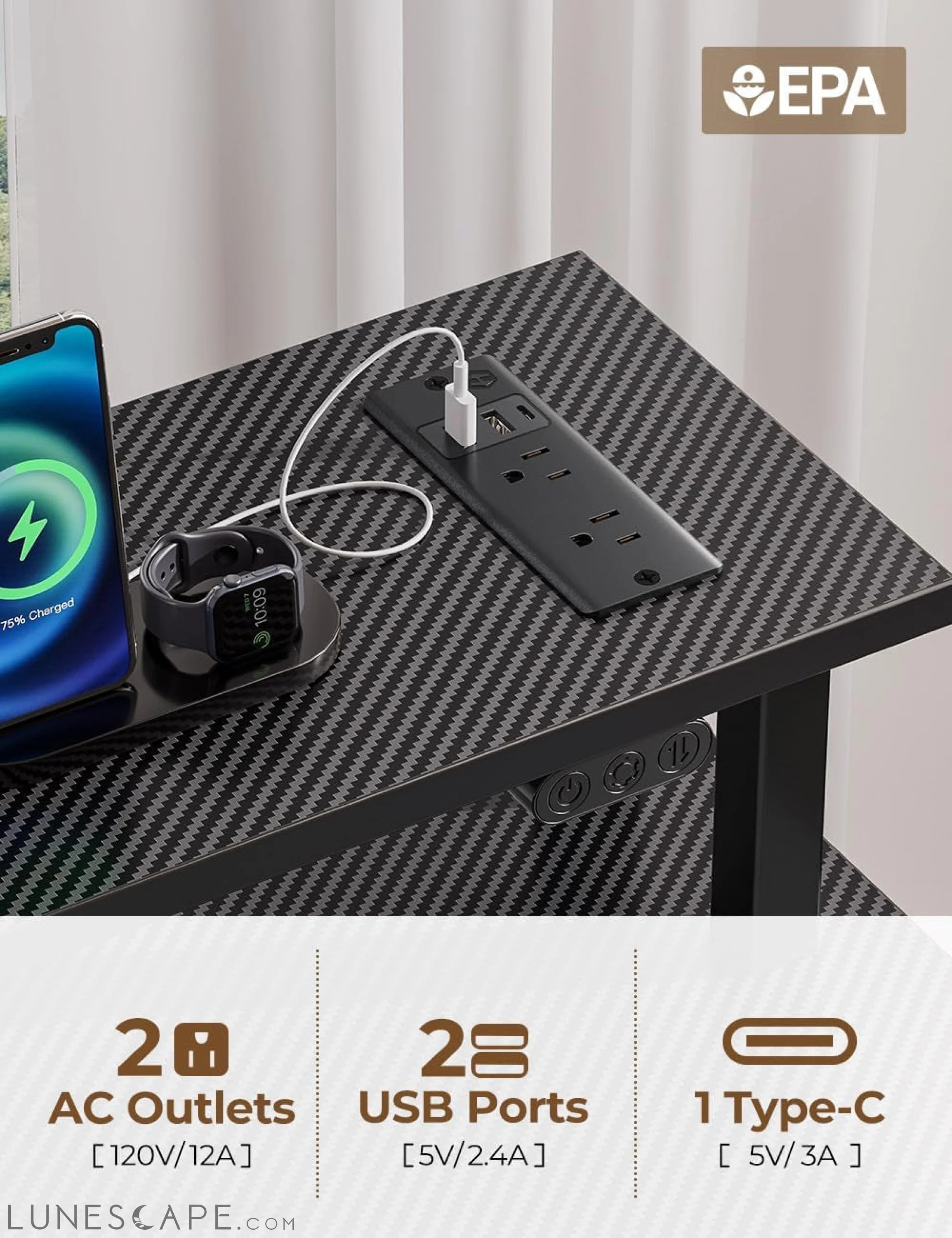 Computer Desk with Power Outlets & LED Light, 47 Inch Home Office Desk LUNESCAPE