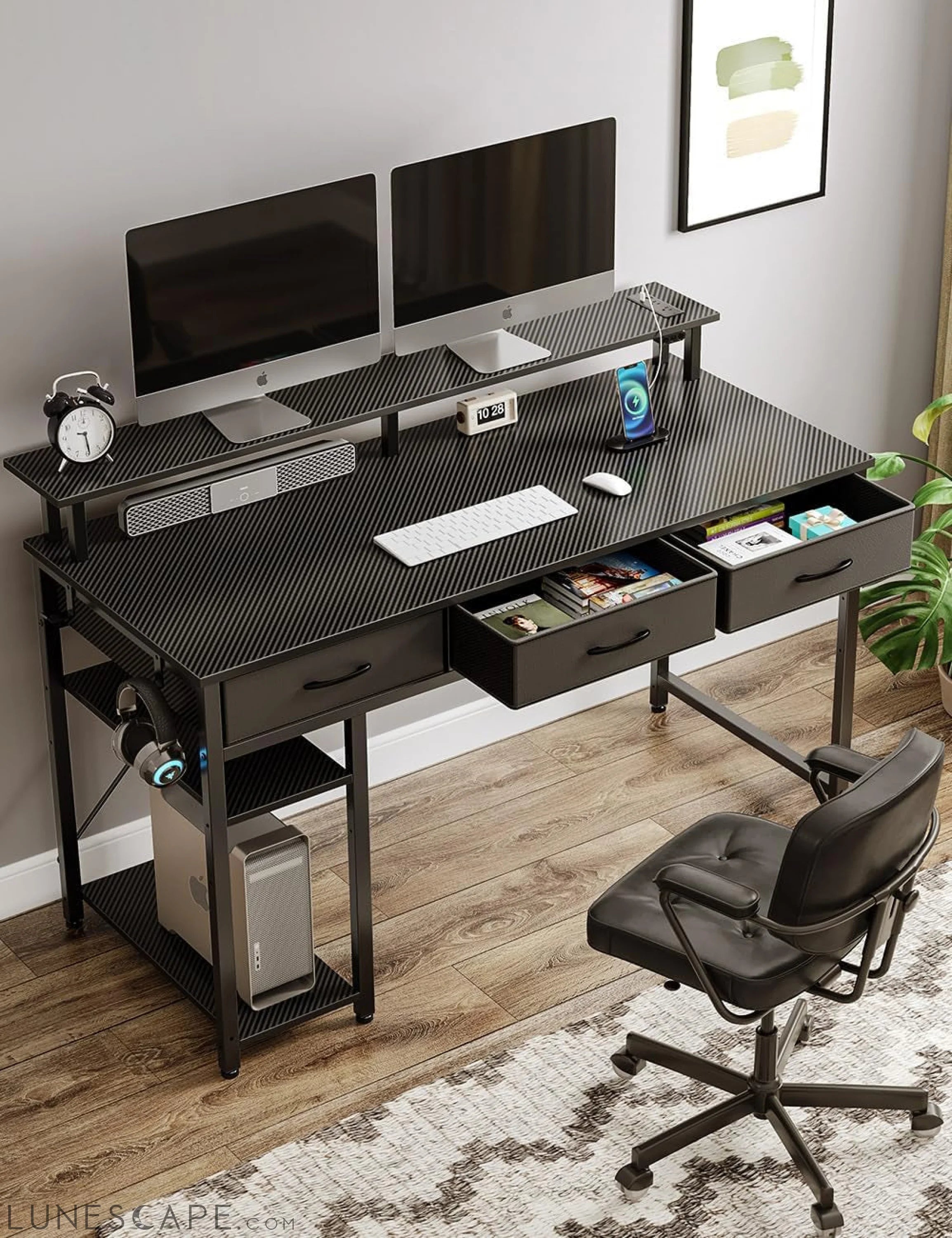 Computer Desk with Power Outlets & LED Light, 47 Inch Home Office Desk LUNESCAPE