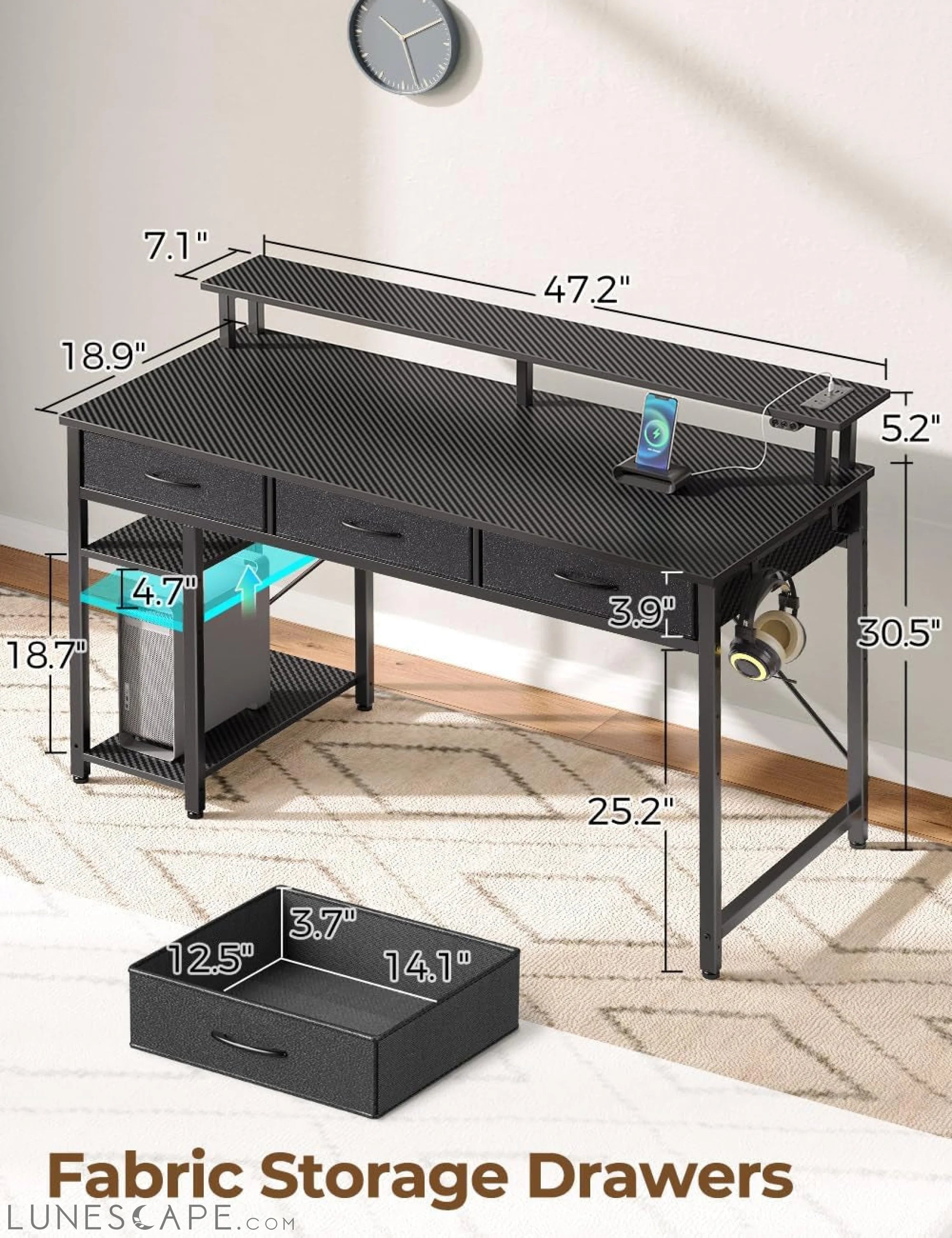 Computer Desk with Power Outlets & LED Light, 47 Inch Home Office Desk LUNESCAPE