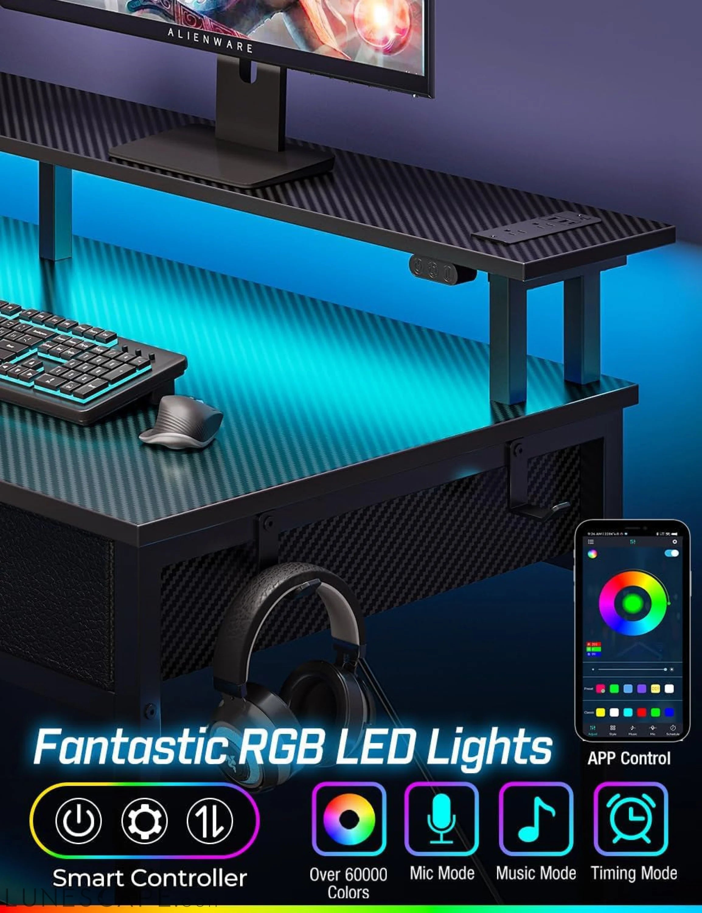 Computer Desk with Power Outlets & LED Light, 47 Inch Home Office Desk LUNESCAPE