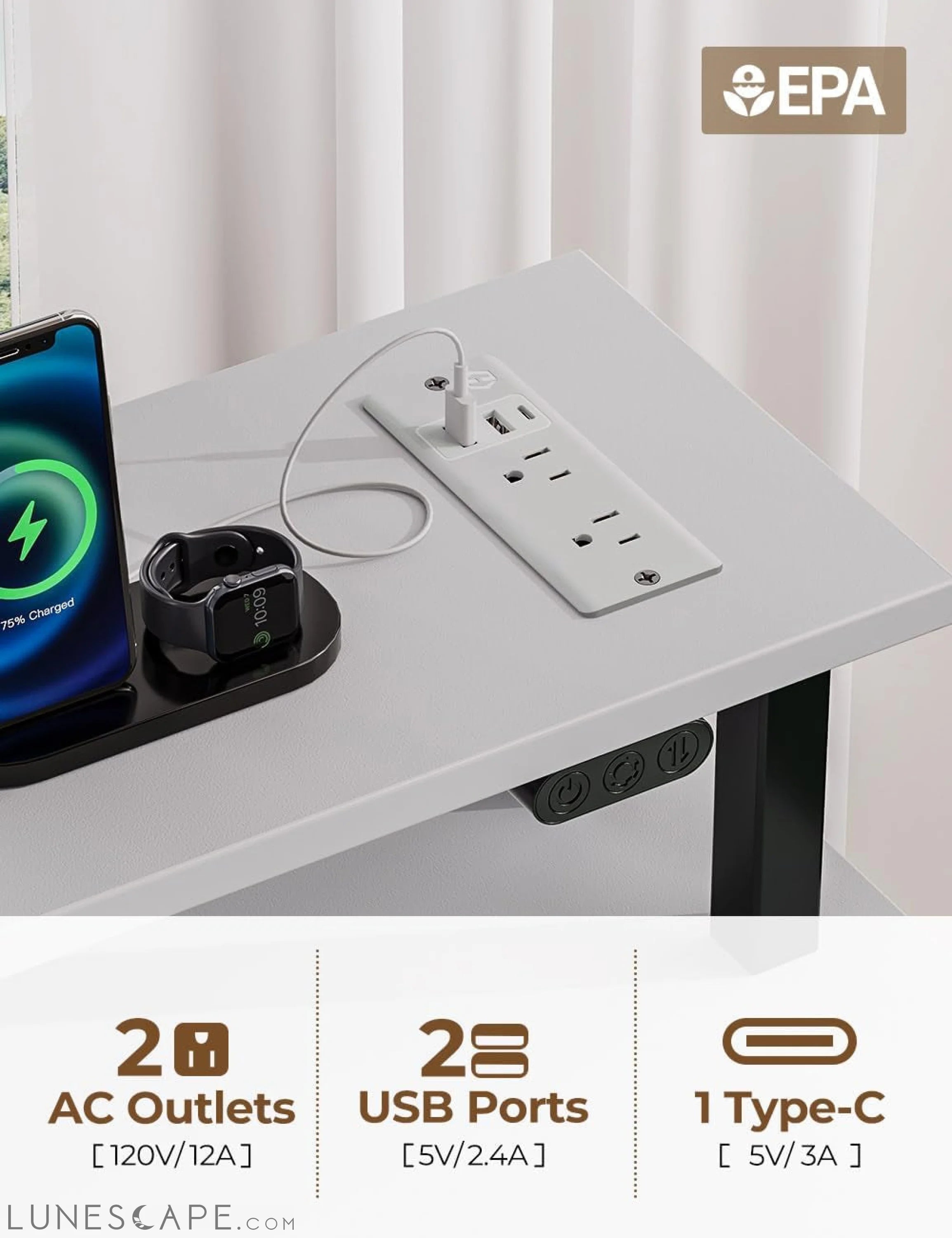 Computer Desk with Power Outlets & LED Light, 47 Inch Home Office Desk LUNESCAPE