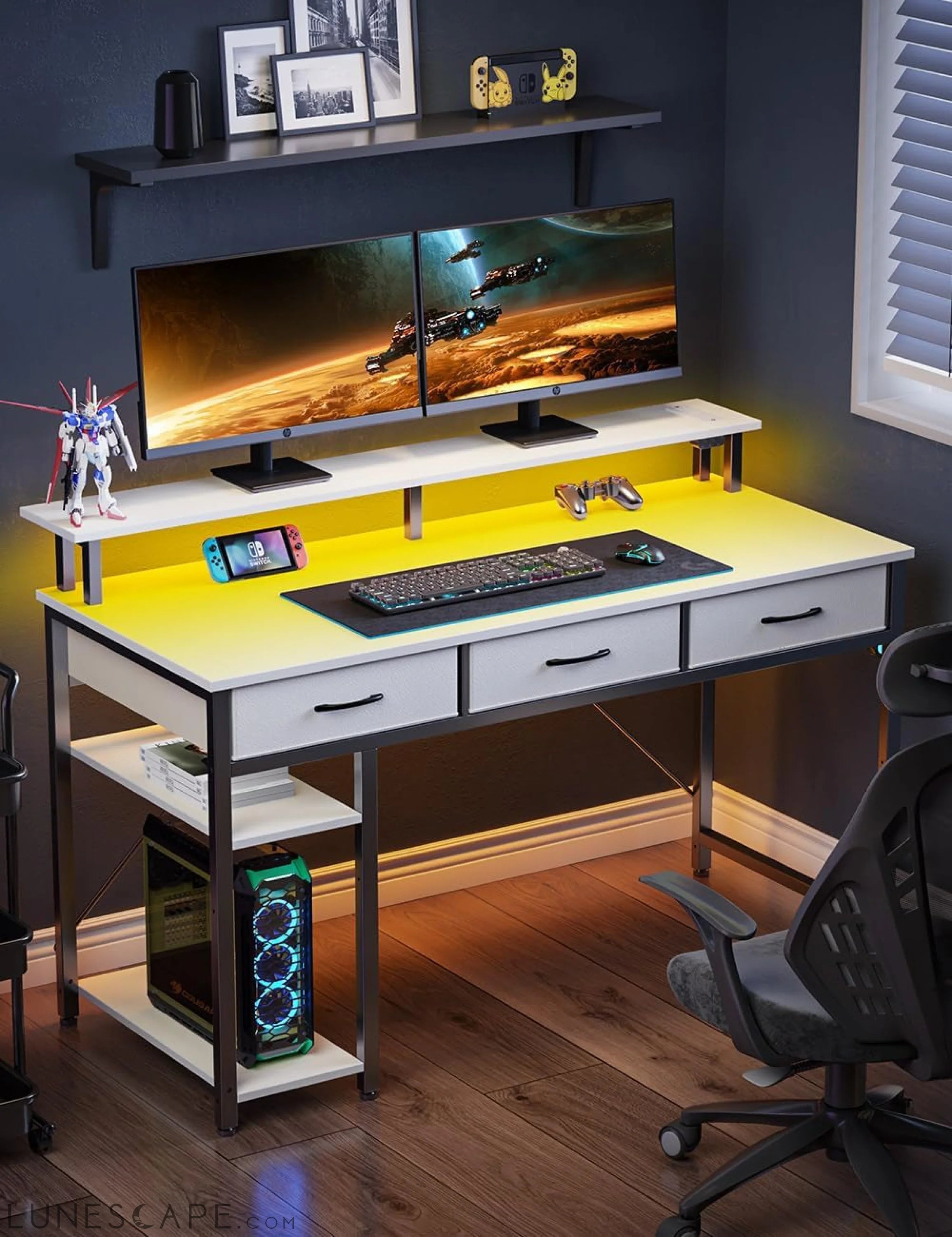 Computer Desk with Power Outlets & LED Light, 47 Inch Home Office Desk LUNESCAPE