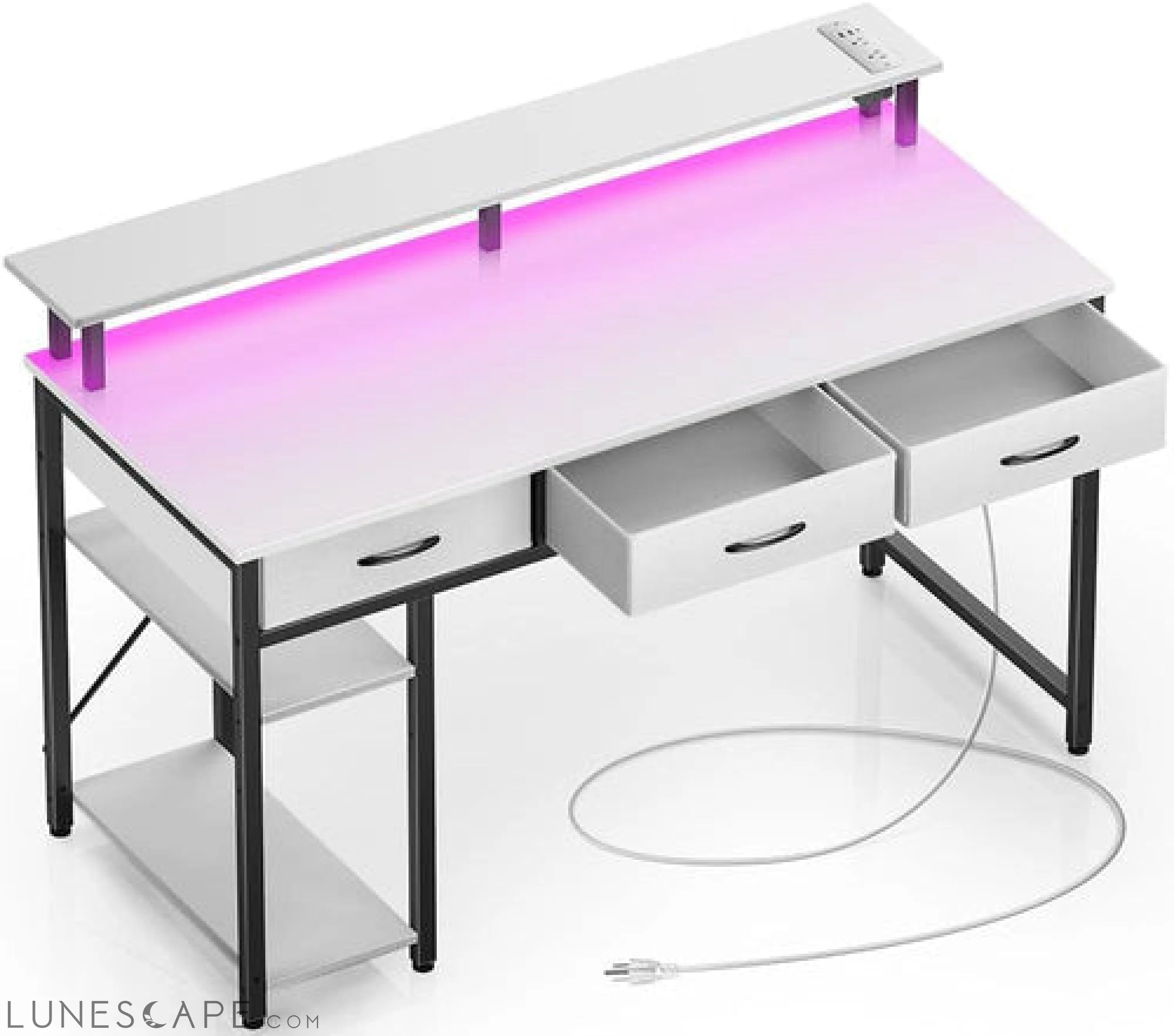 Computer Desk with Power Outlets & LED Light, 47 Inch Home Office Desk LUNESCAPE