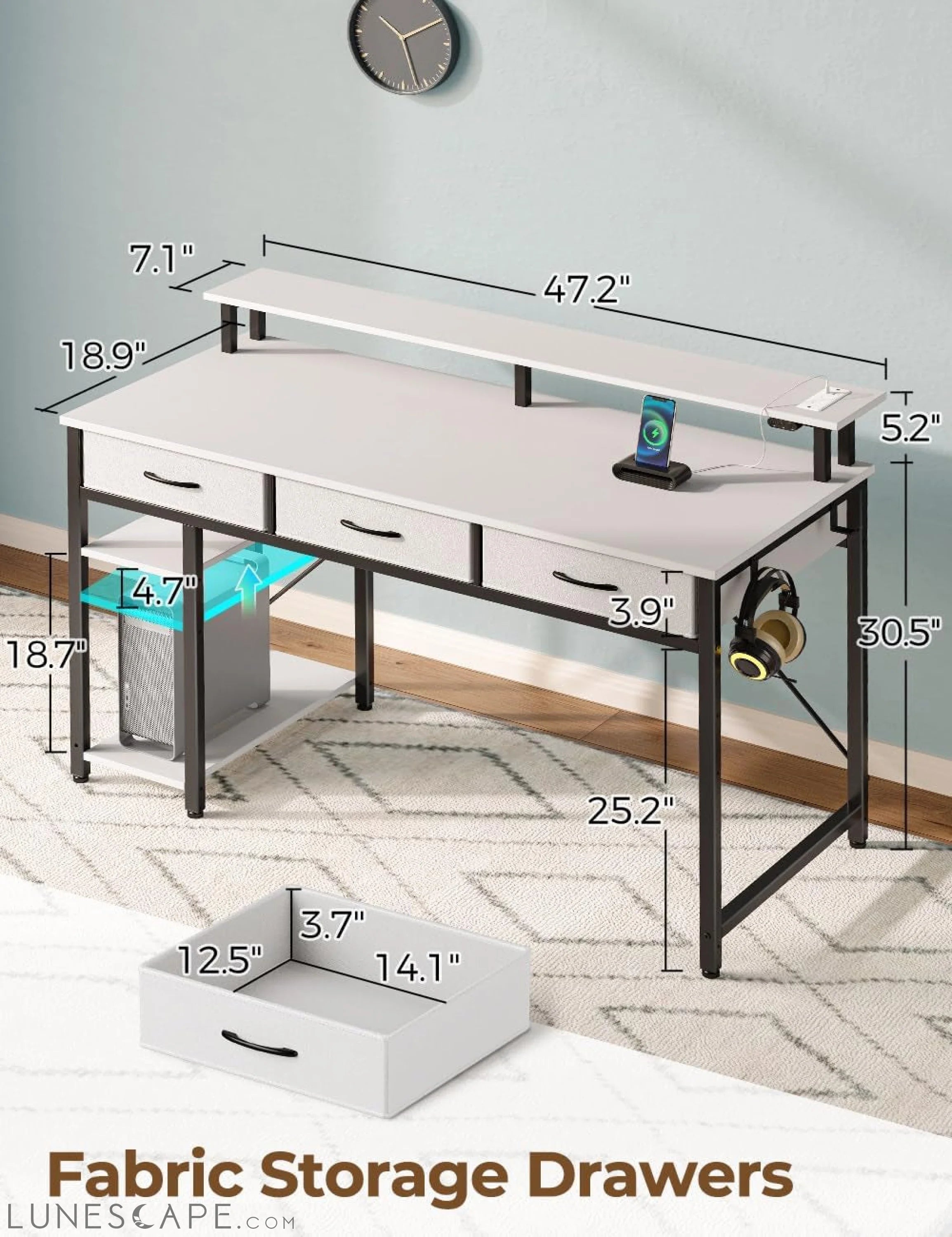 Computer Desk with Power Outlets & LED Light, 47 Inch Home Office Desk LUNESCAPE