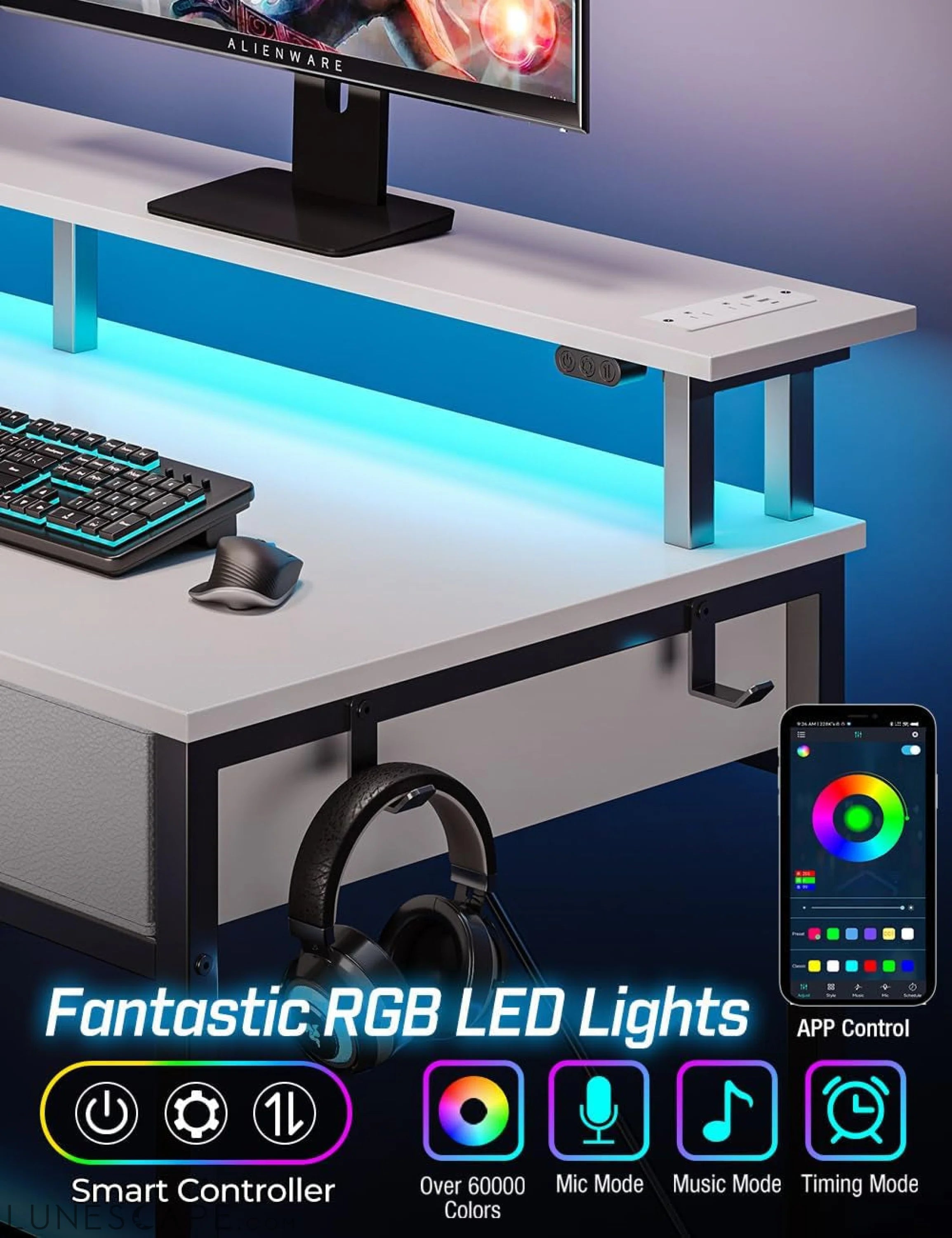 Computer Desk with Power Outlets & LED Light, 47 Inch Home Office Desk LUNESCAPE