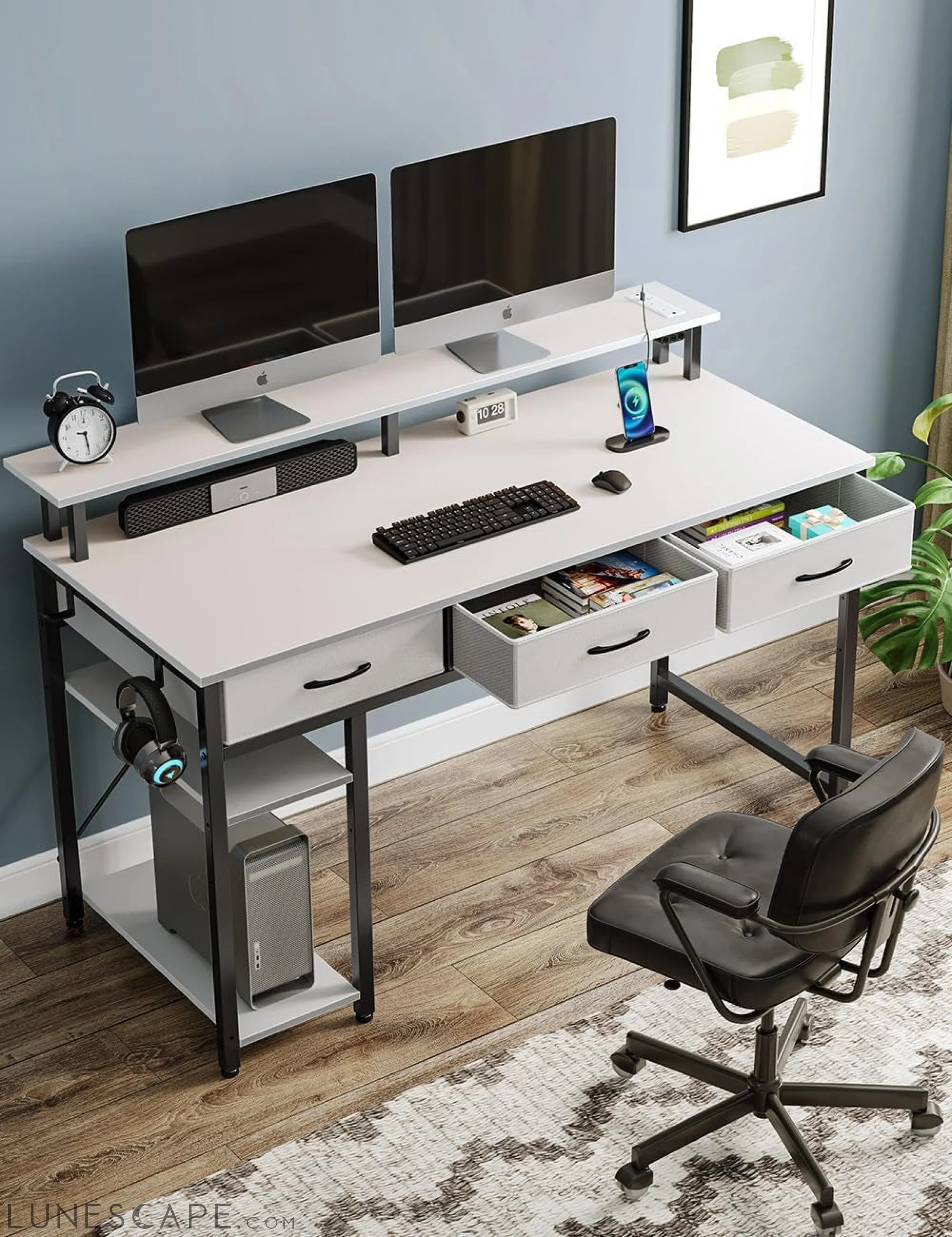Computer Desk with Power Outlets & LED Light, 47 Inch Home Office Desk LUNESCAPE