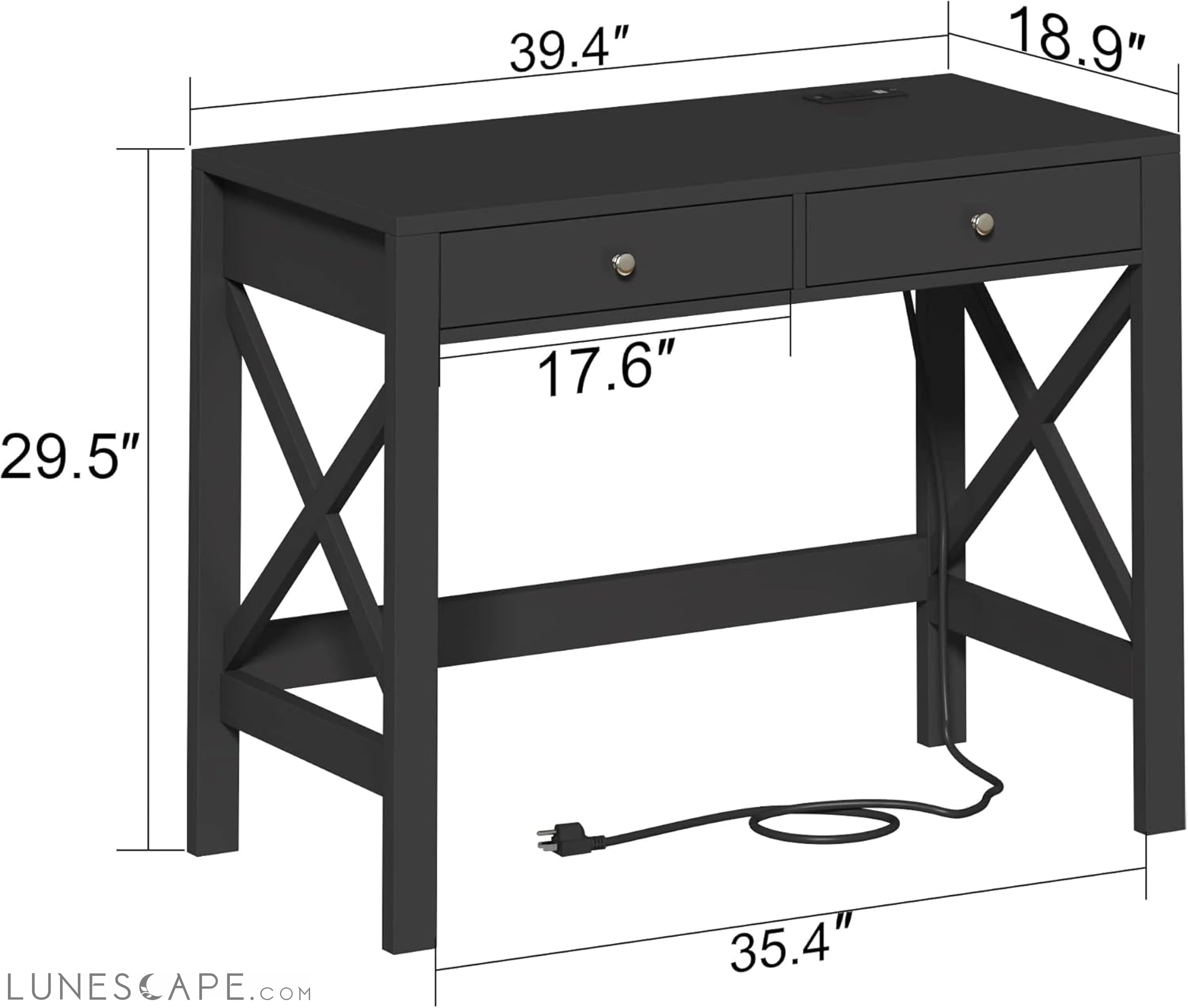 Computer Desk with USB Charging Ports and Power Outlets, 39" Black LUNESCAPE