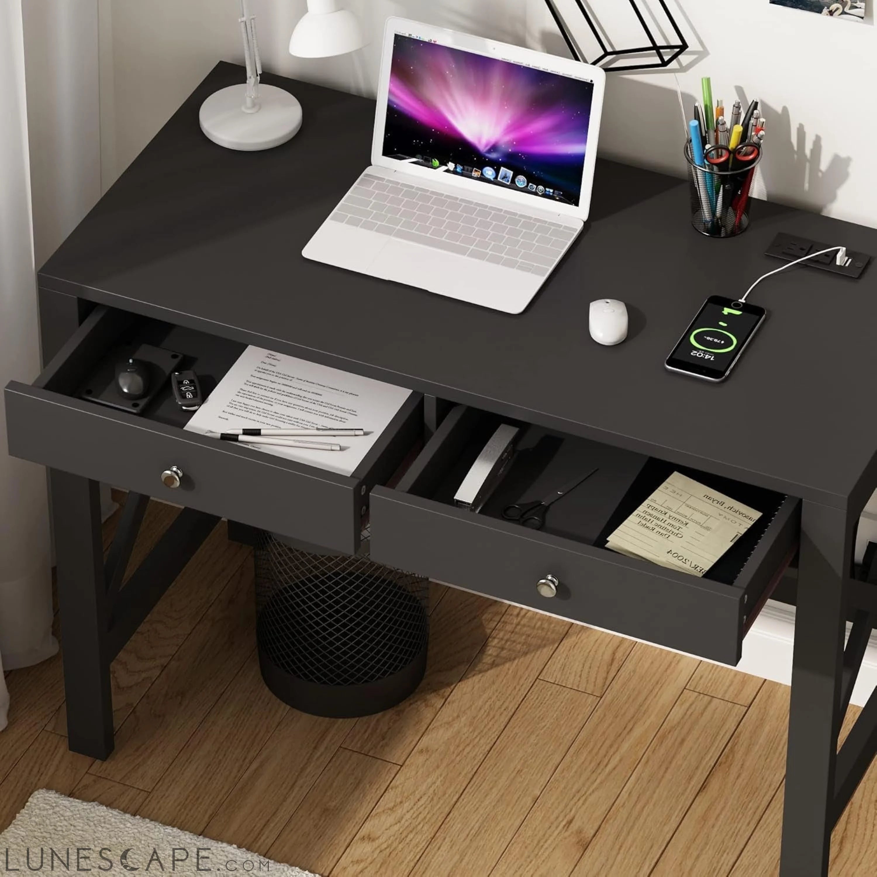 Computer Desk with USB Charging Ports and Power Outlets, 39" Black LUNESCAPE