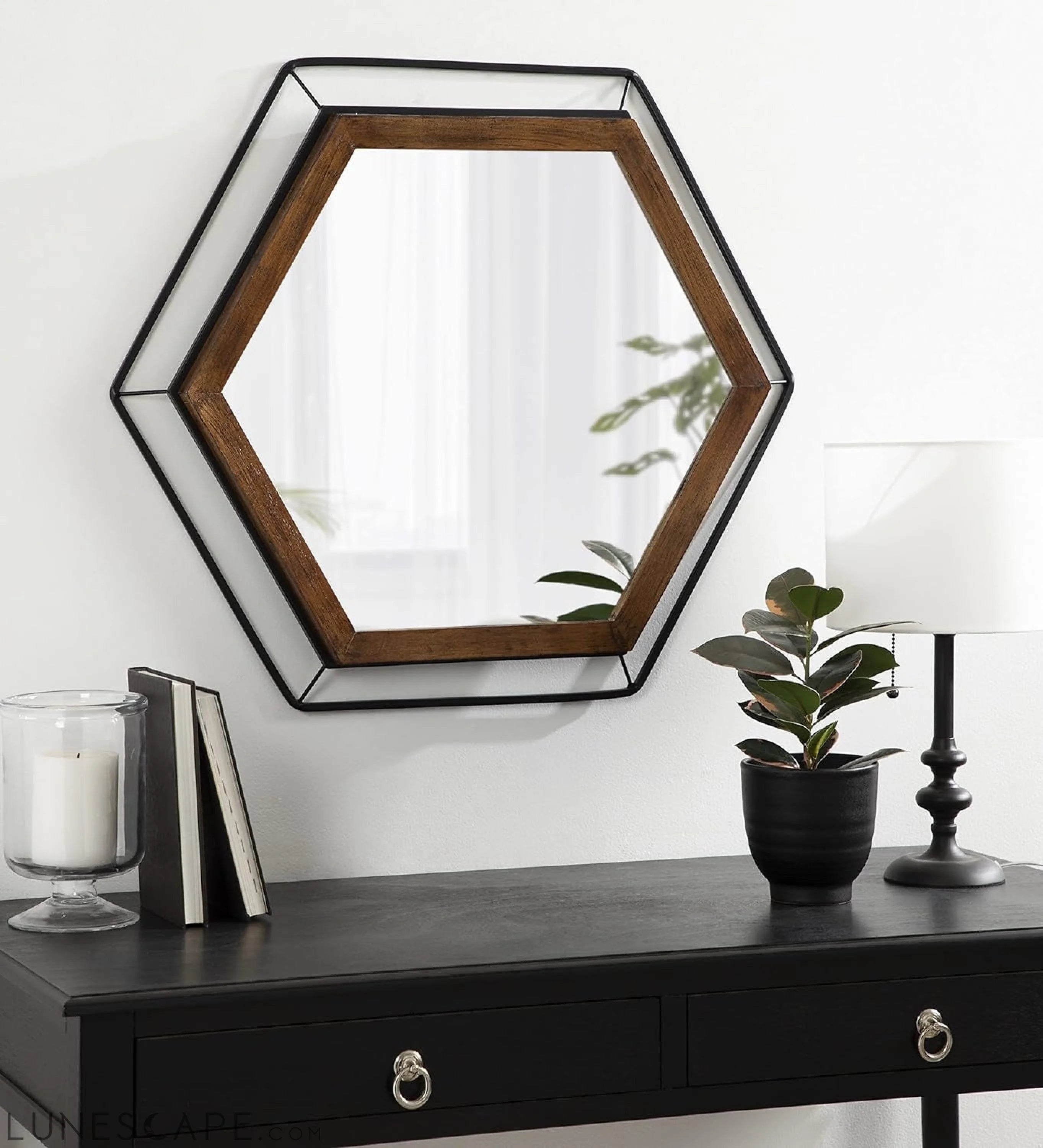 Contemporary Wesman Hexagonal Wall Mirror - 28 X 28 Inches - Walnut LUNESCAPE
