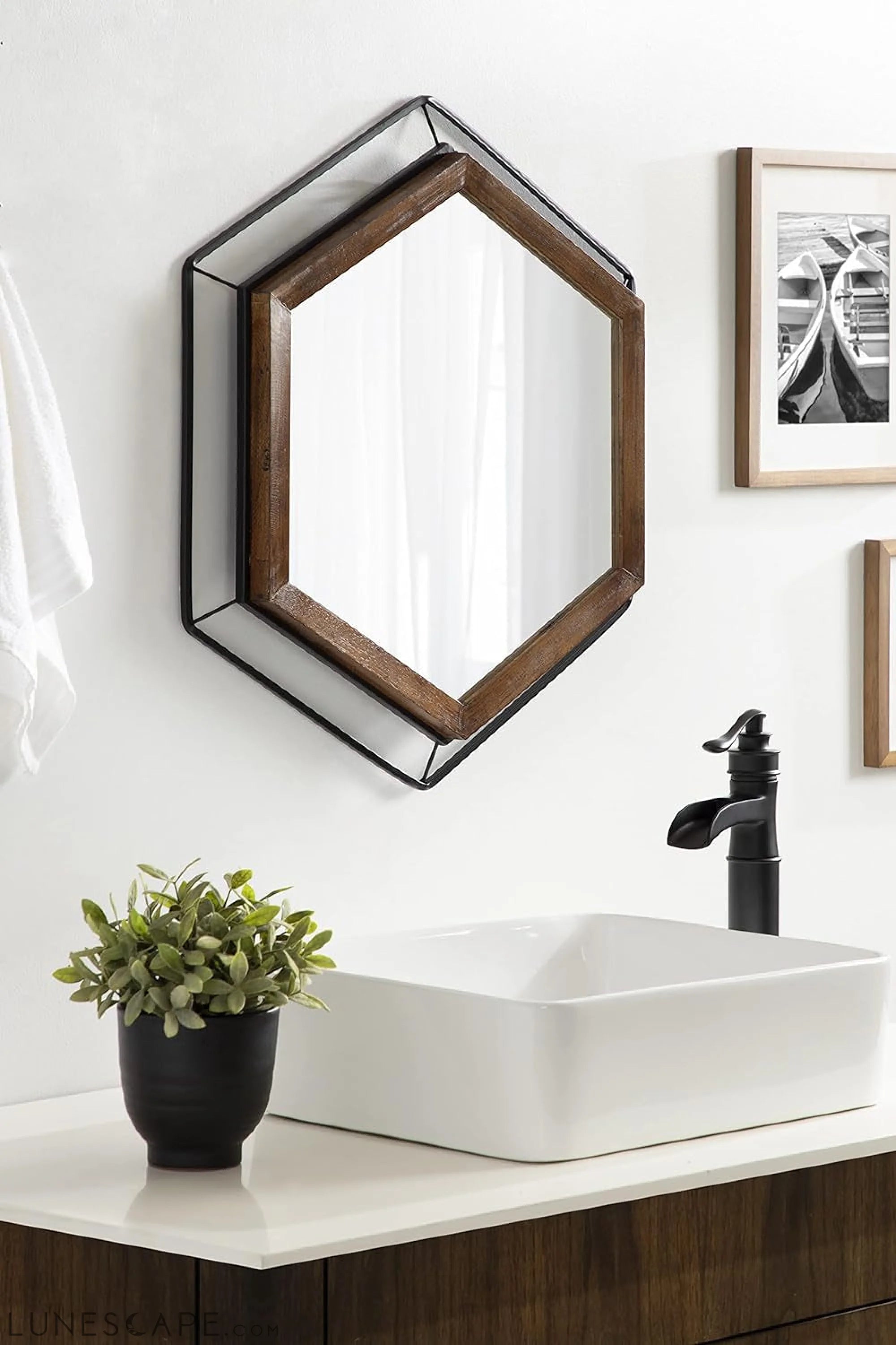 Contemporary Wesman Hexagonal Wall Mirror - 28 X 28 Inches - Walnut LUNESCAPE