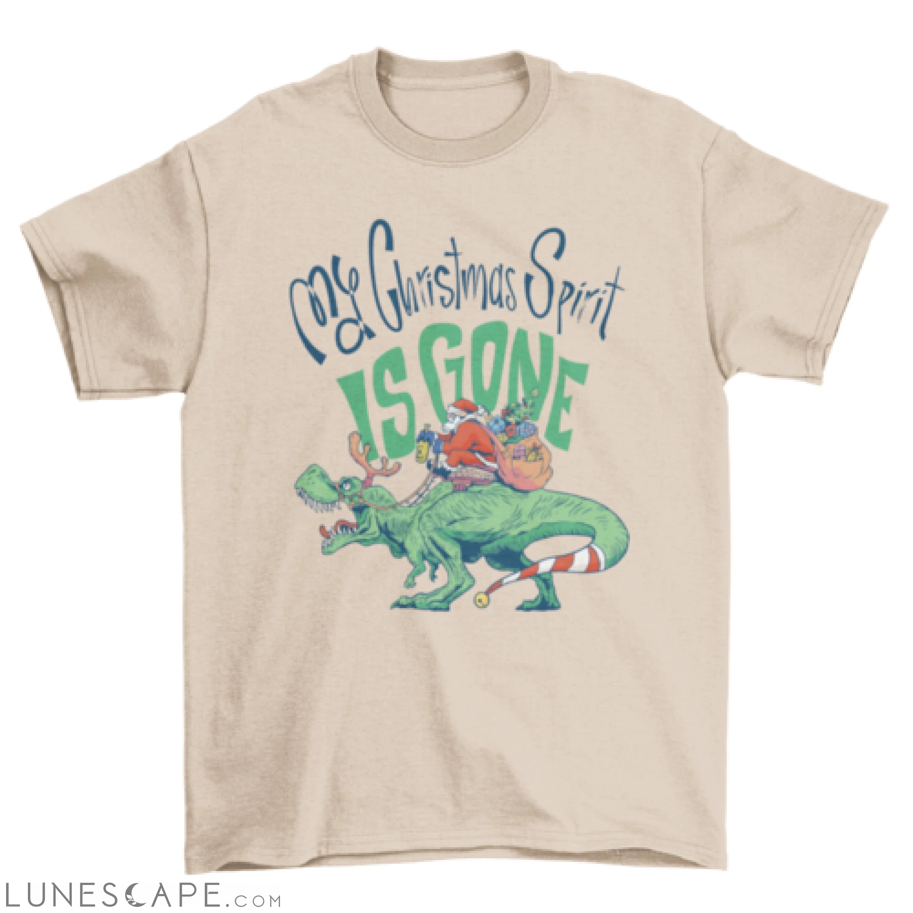 Cool Anti-holiday Anti-Christmas Santa Claus riding t-rex quote "My LUNESCAPE