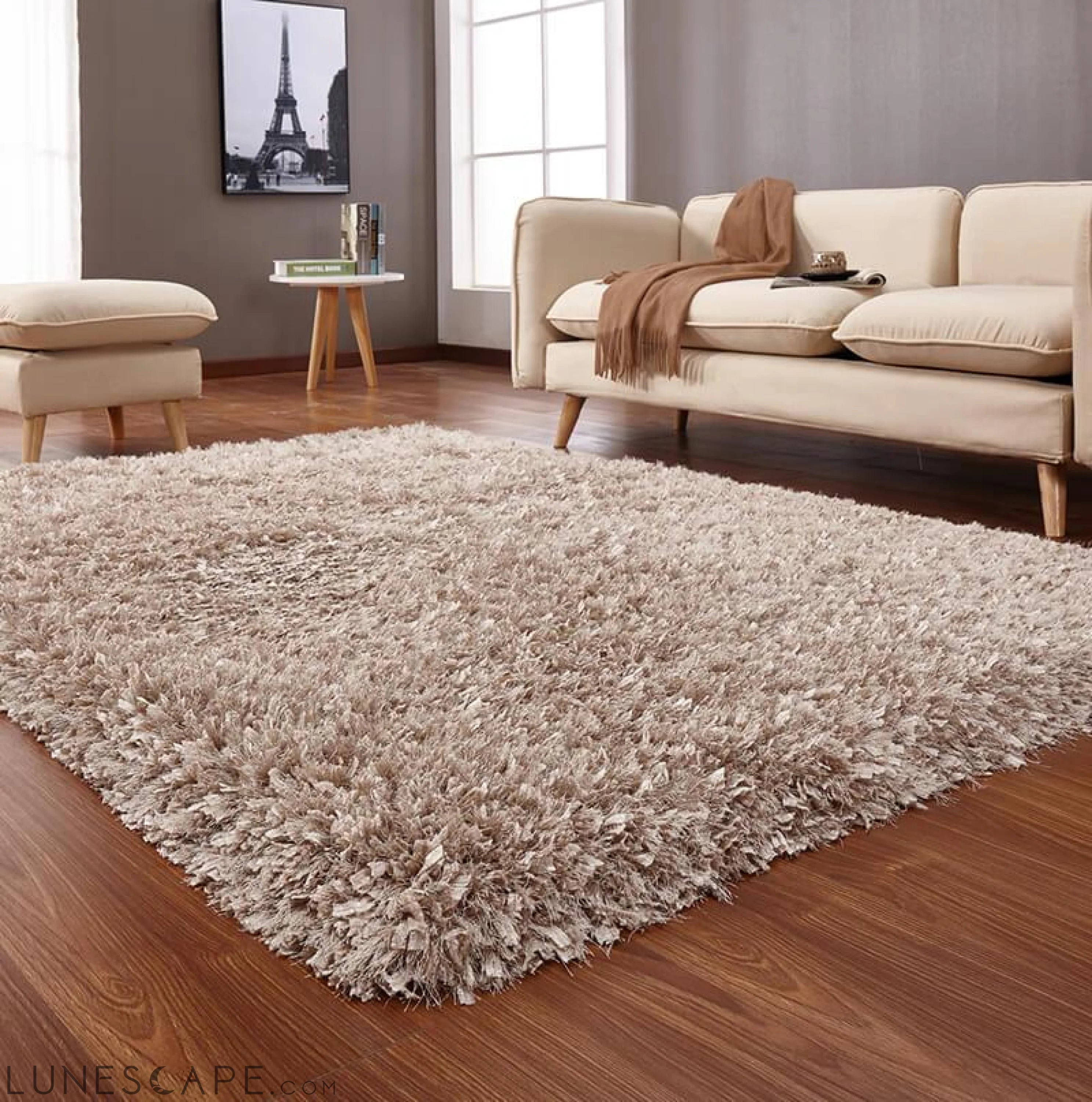"Coral" Shag Area Rug High Pile in Beige LUNESCAPE