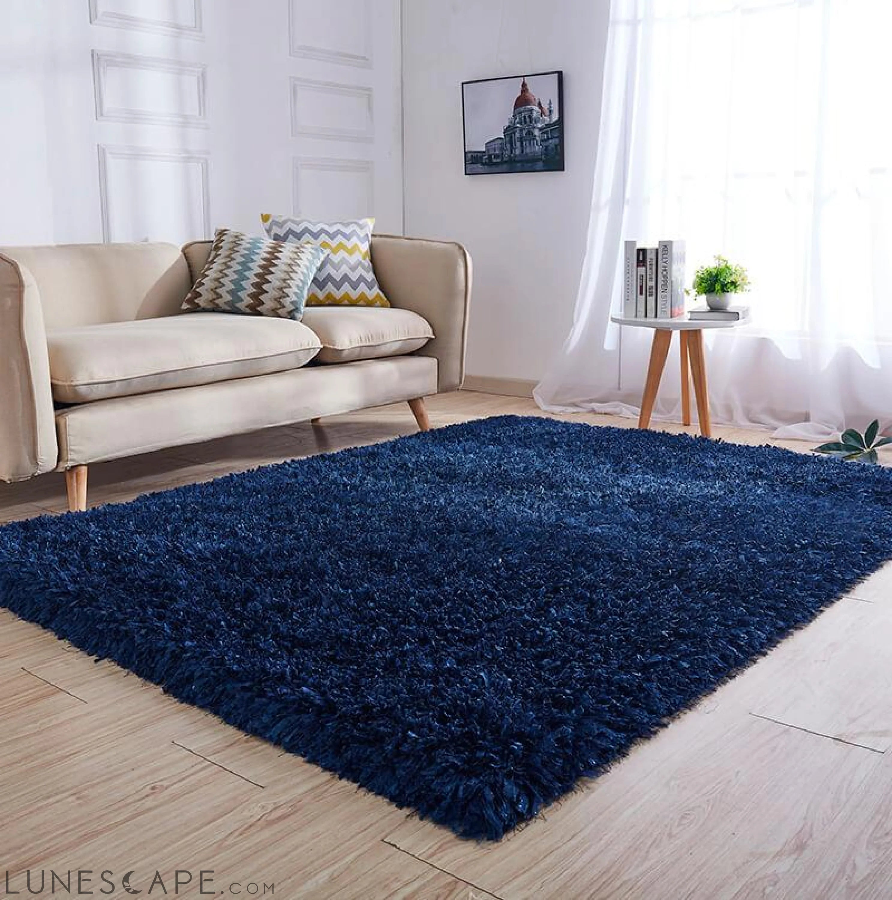 "Coral" Shag Area Rug High Pile in Navy LUNESCAPE