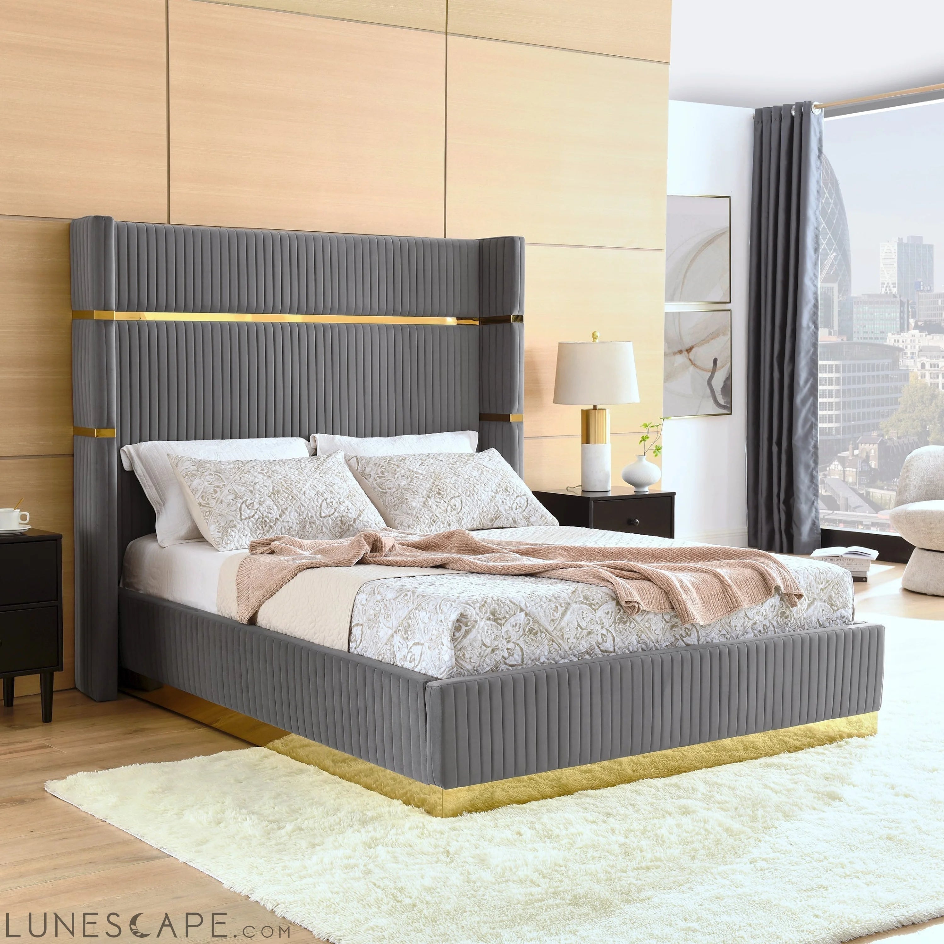 Corduroy Upholstered Bed Frame Queen Size 65" Tall Wingback Headboard LUNESCAPE