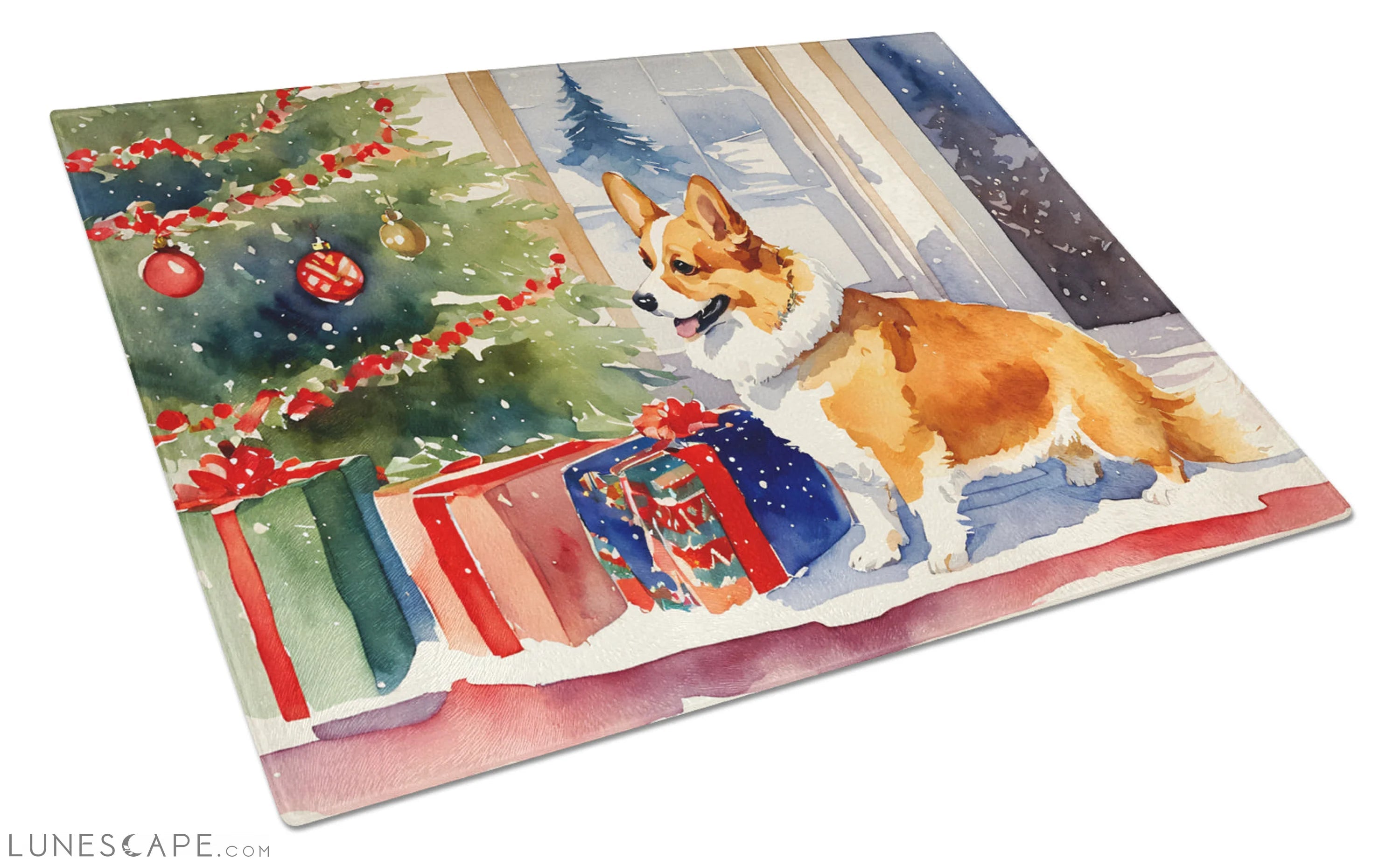 Corgi Cozy Christmas Glass Cutting Board LUNESCAPE