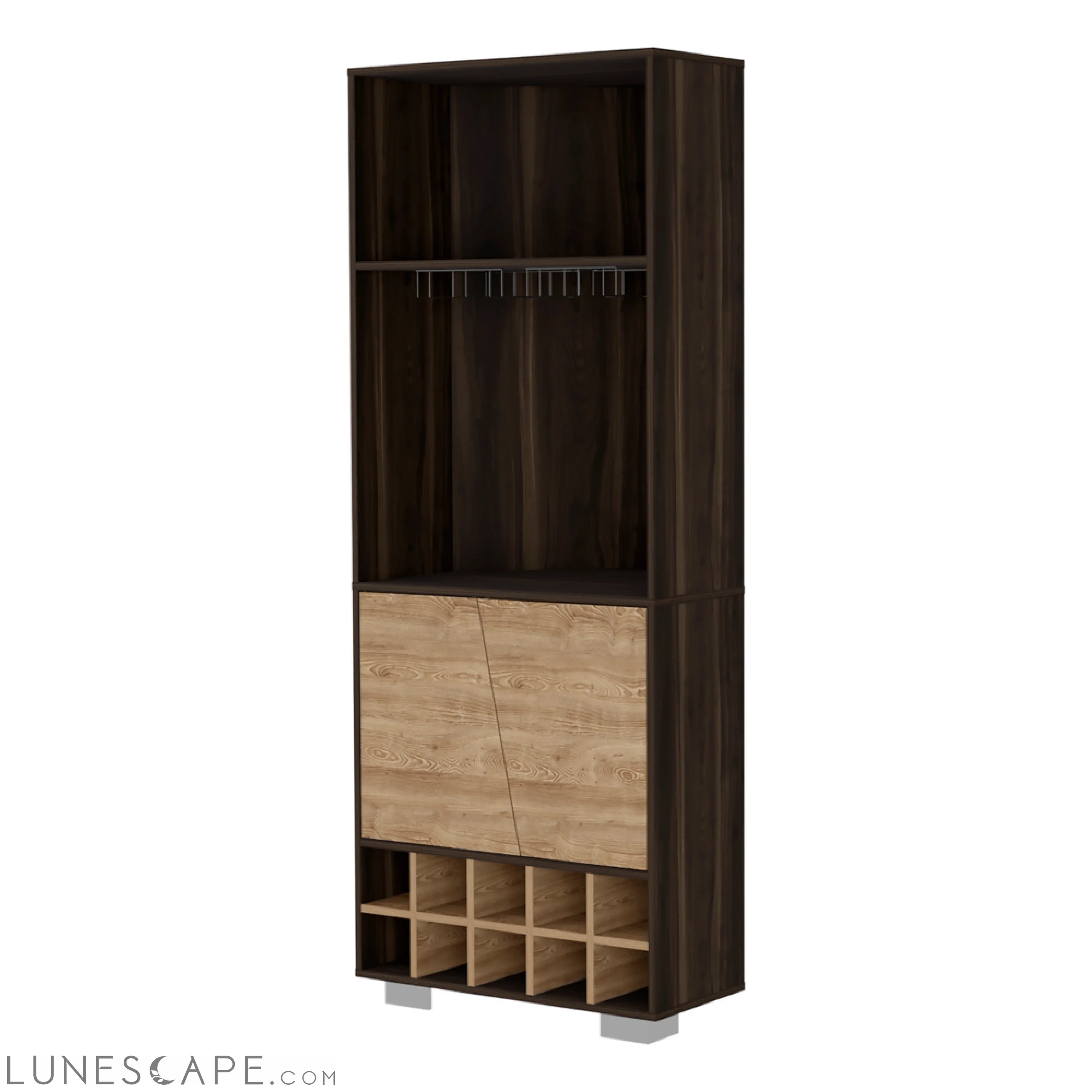Corner Bar Cabinet Albarr, Ten Wine Cubbies, Two Shelves, Double Door LUNESCAPE