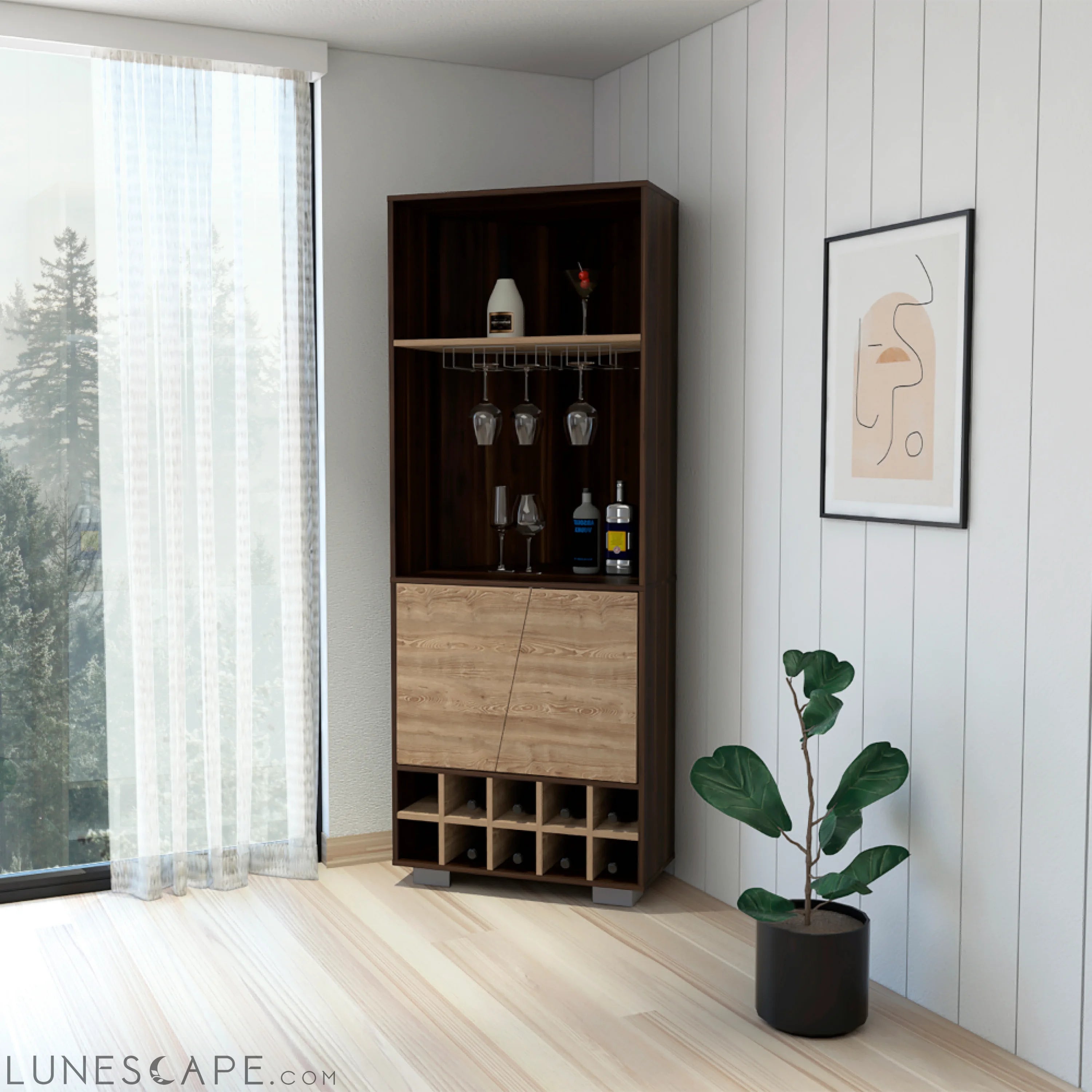 Corner Bar Cabinet Albarr, Ten Wine Cubbies, Two Shelves, Double Door LUNESCAPE
