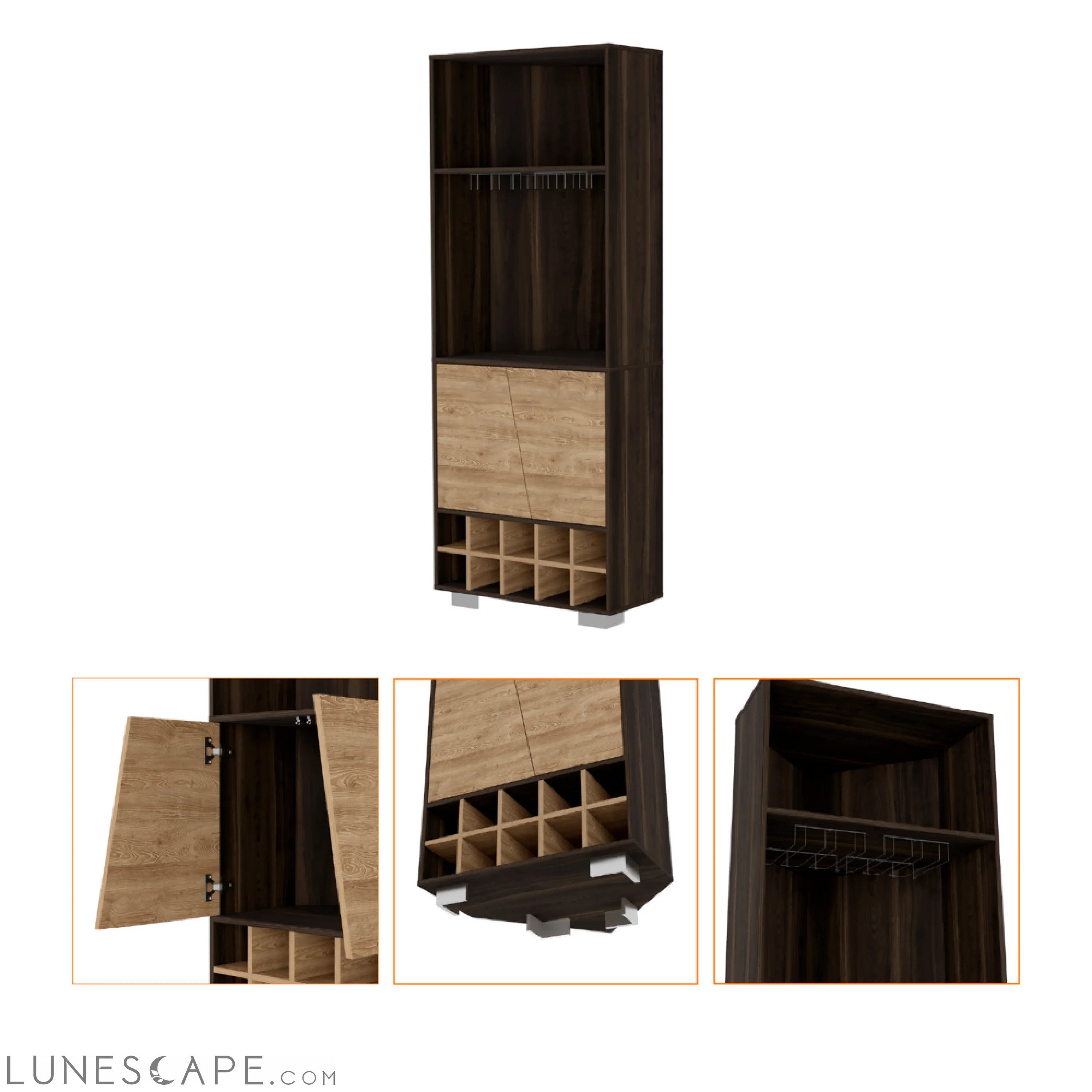 Corner Bar Cabinet Albarr, Ten Wine Cubbies, Two Shelves, Double Door LUNESCAPE