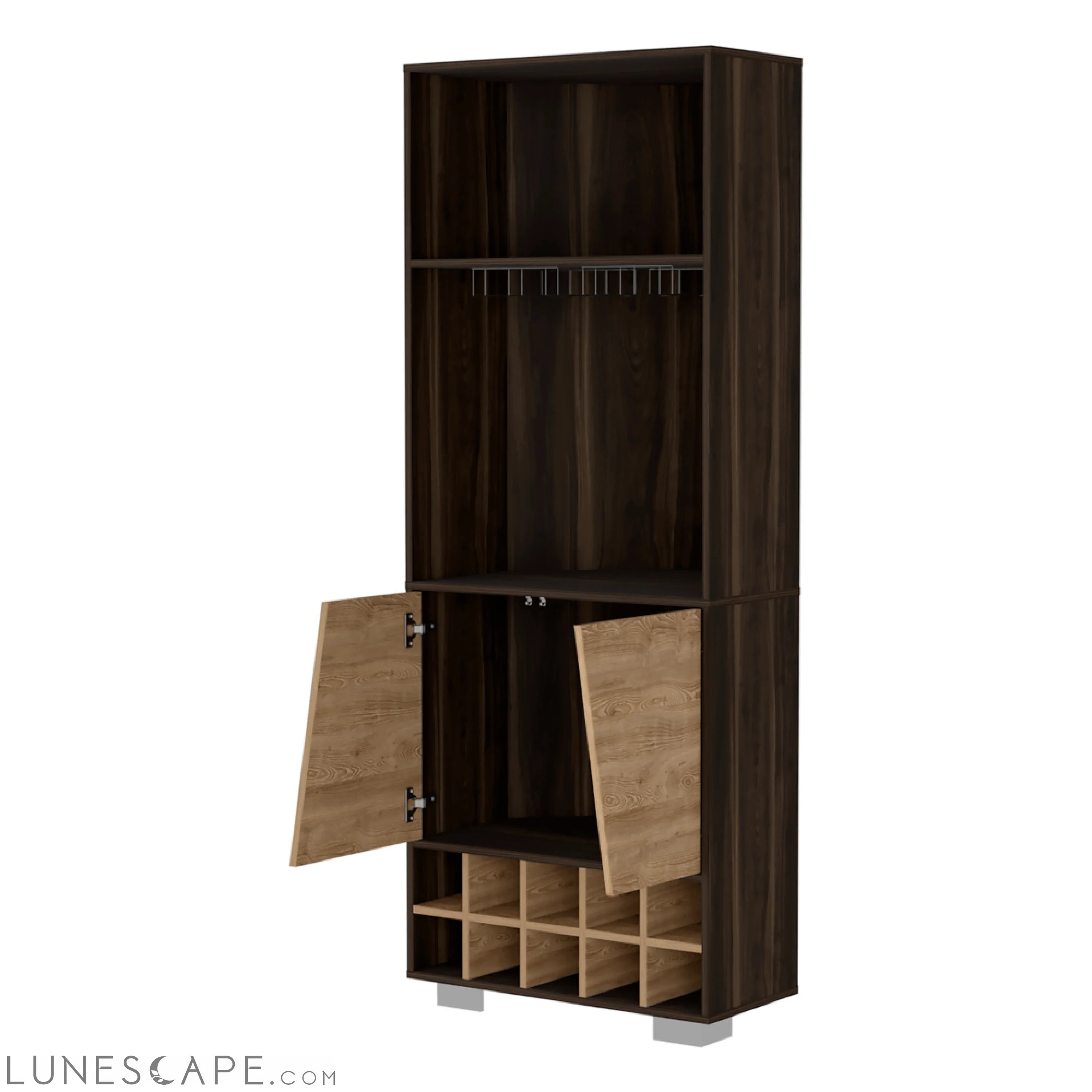Corner Bar Cabinet Albarr, Ten Wine Cubbies, Two Shelves, Double Door LUNESCAPE