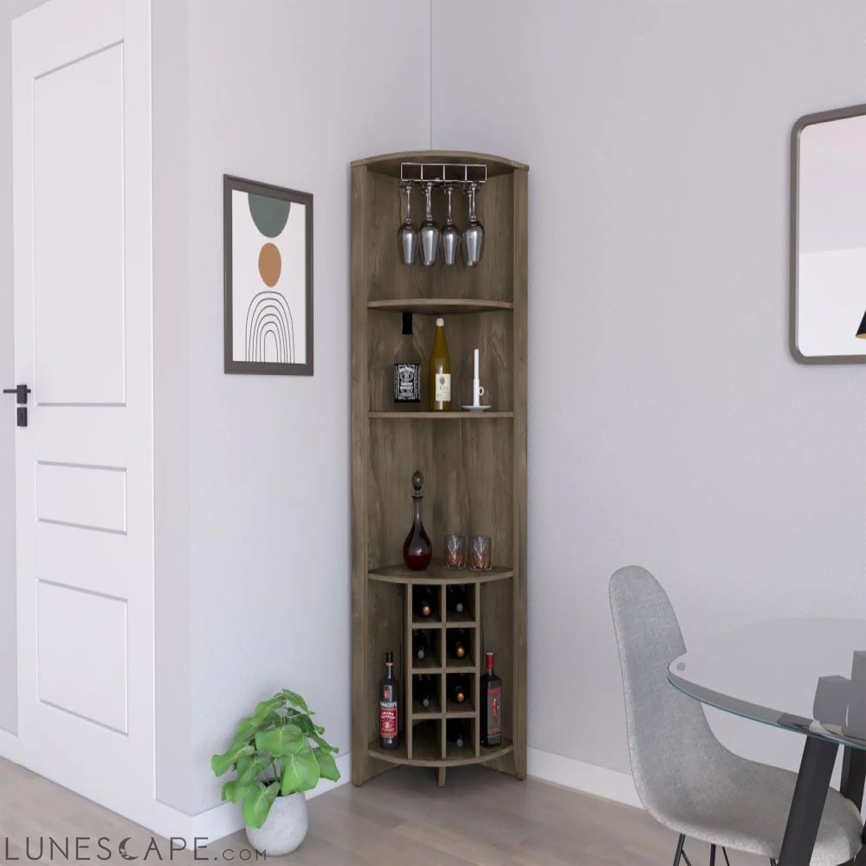 Corner Bar Cabinet Castle, Three Shelves, Eight Wine Cubbies, Dark LUNESCAPE