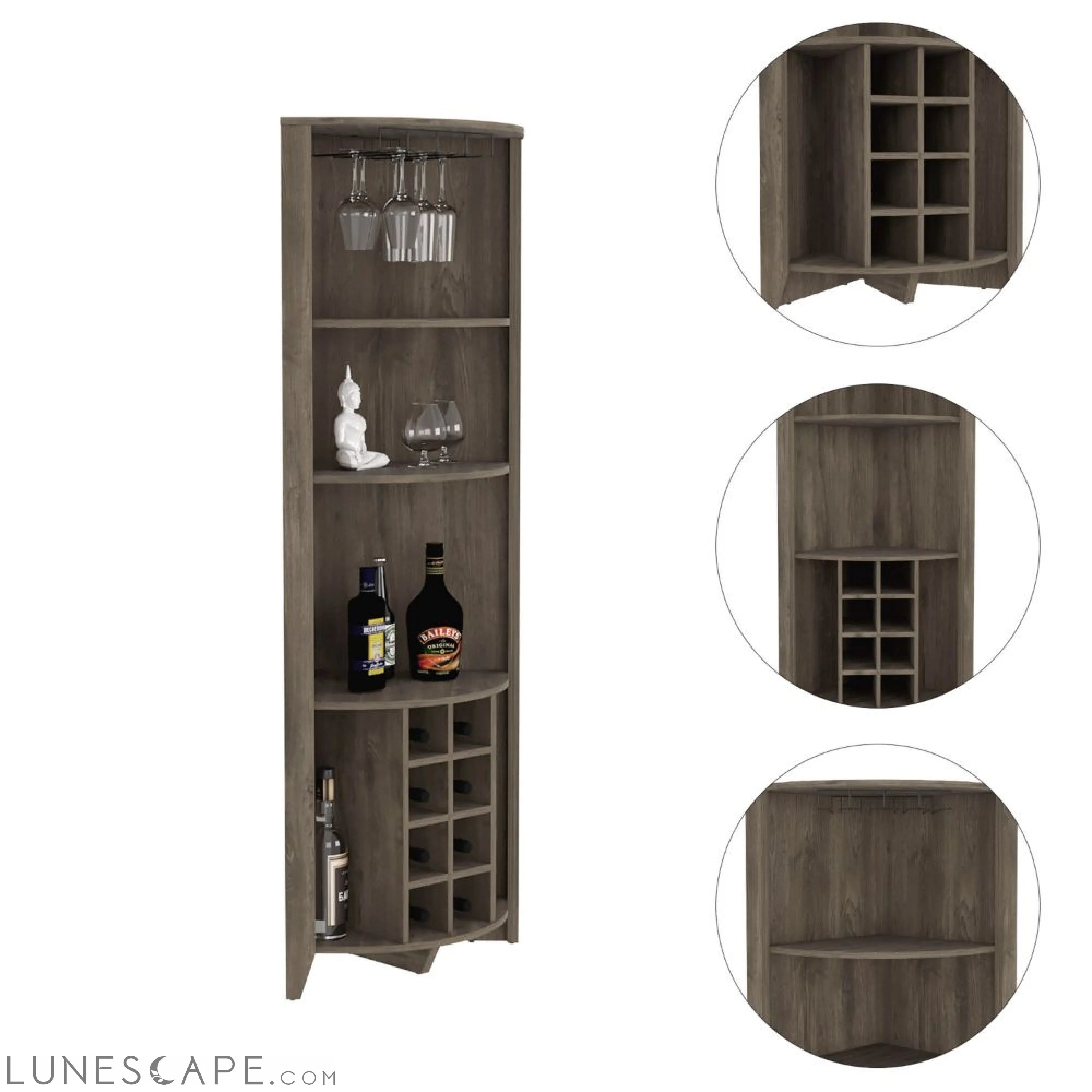 Corner Bar Cabinet Castle, Three Shelves, Eight Wine Cubbies, Dark LUNESCAPE