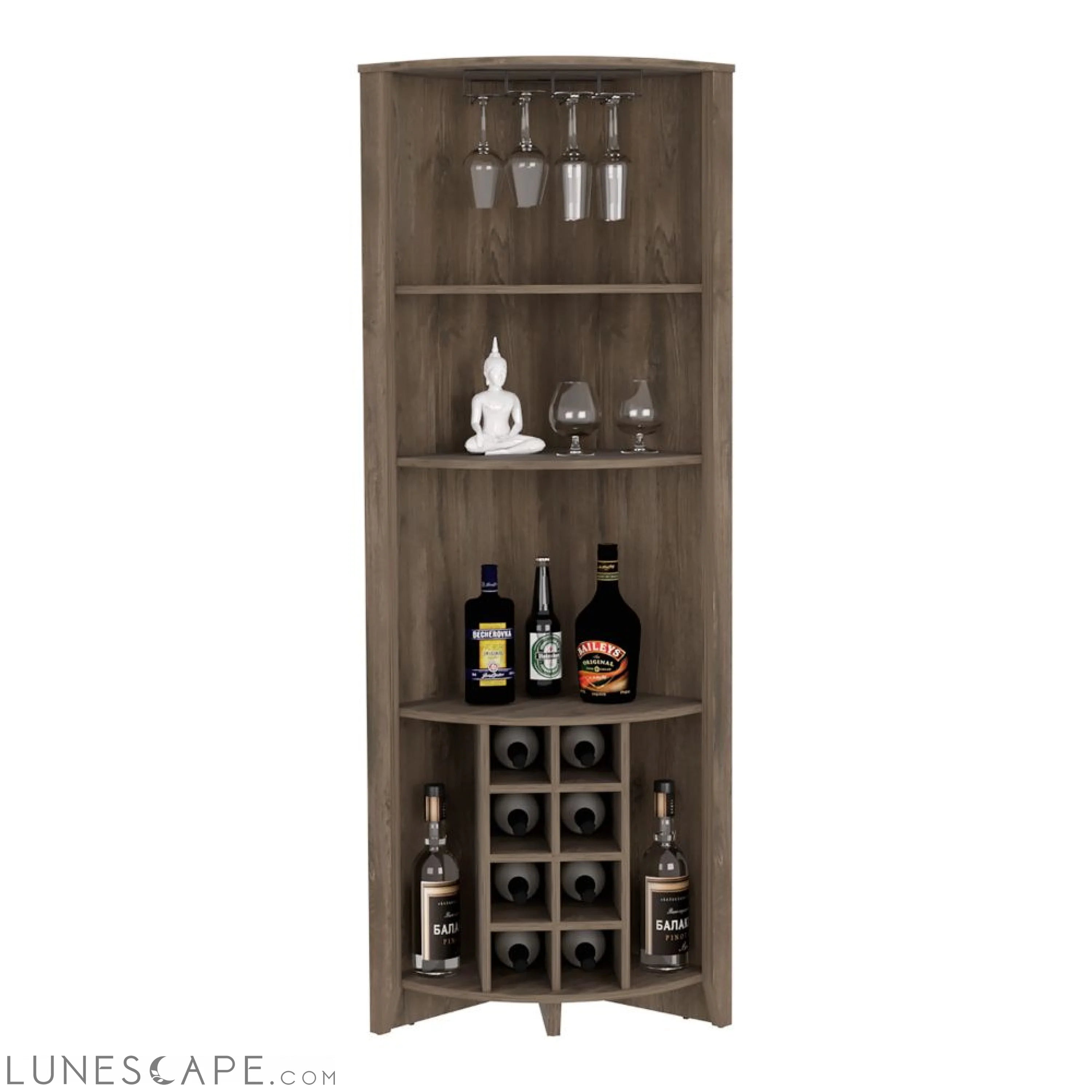 Corner Bar Cabinet Castle, Three Shelves, Eight Wine Cubbies, Dark LUNESCAPE