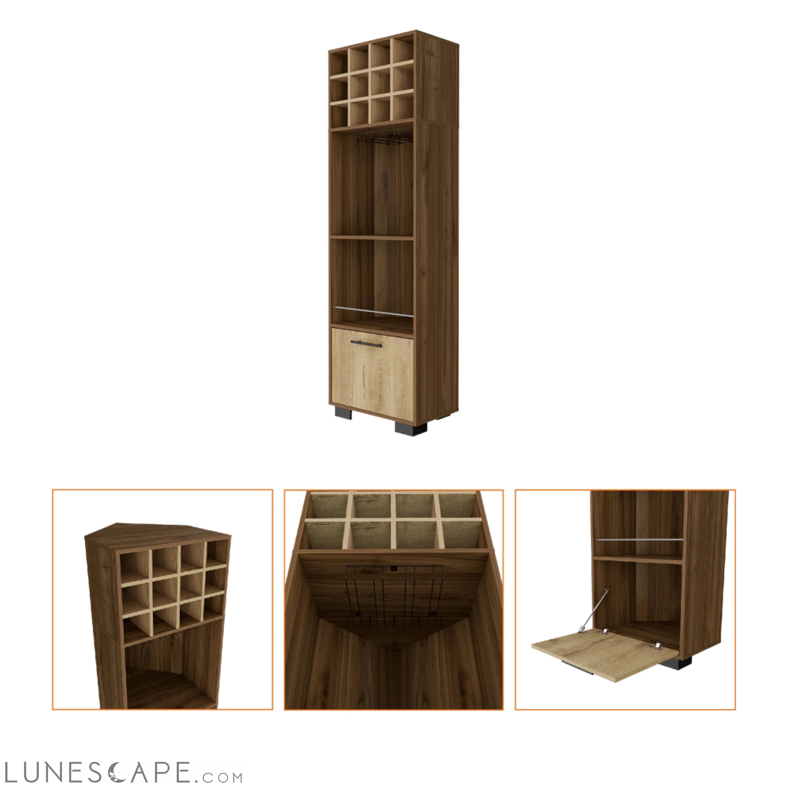 Corner Bar Cabinet Cataluña, 8 Wine Cubbies, 2 Side Shelves, Mahogany LUNESCAPE