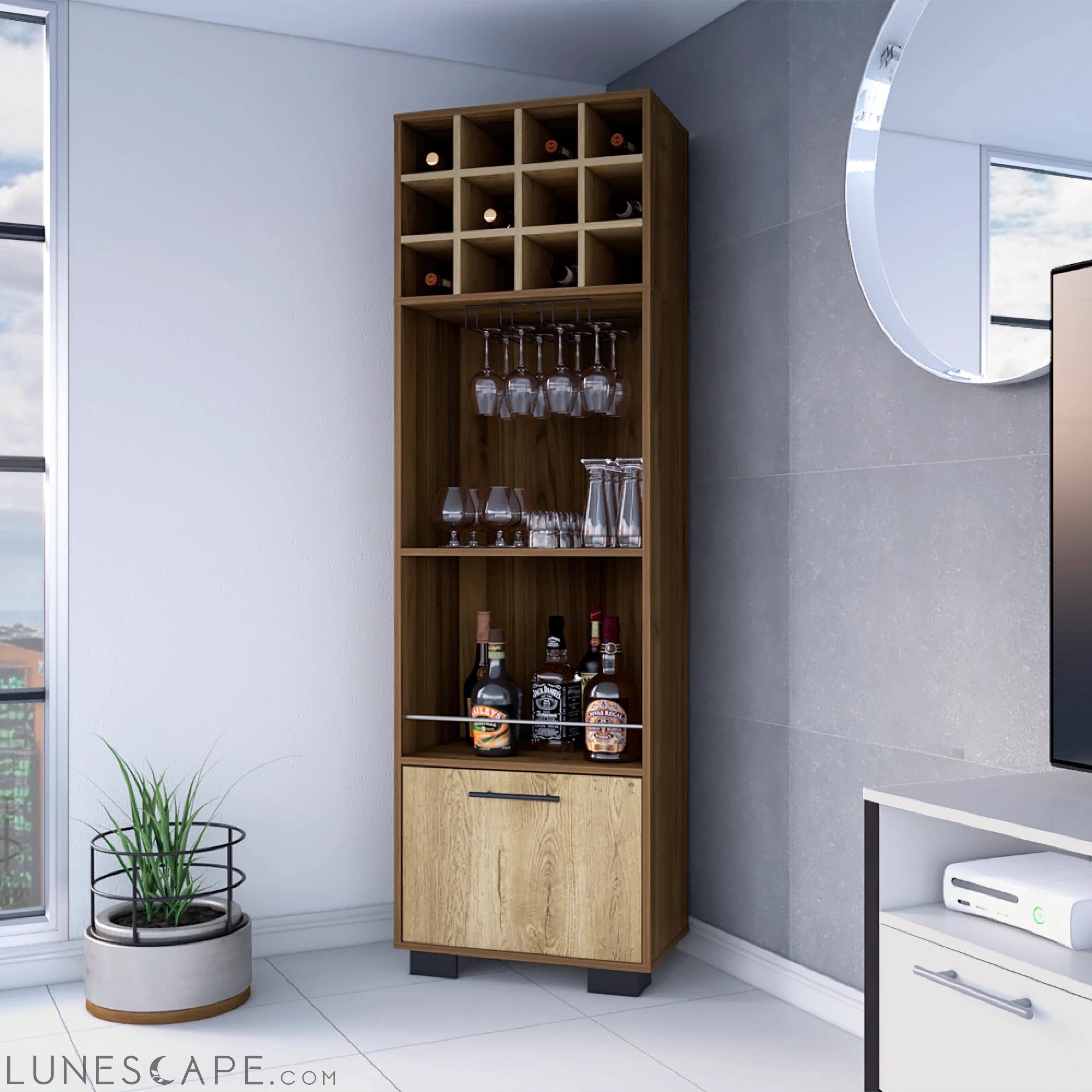Corner Bar Cabinet Cataluña, 8 Wine Cubbies, 2 Side Shelves, Mahogany LUNESCAPE