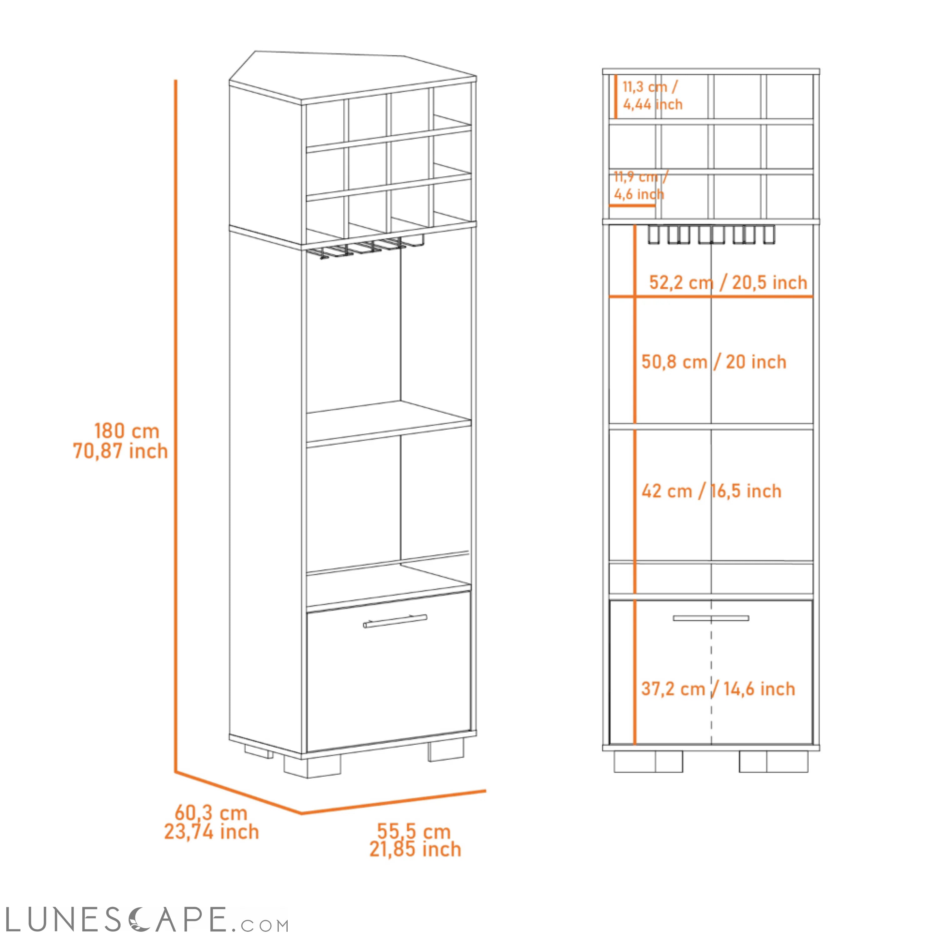 Corner Bar Cabinet Cataluña, 8 Wine Cubbies, 2 Side Shelves, Mahogany LUNESCAPE