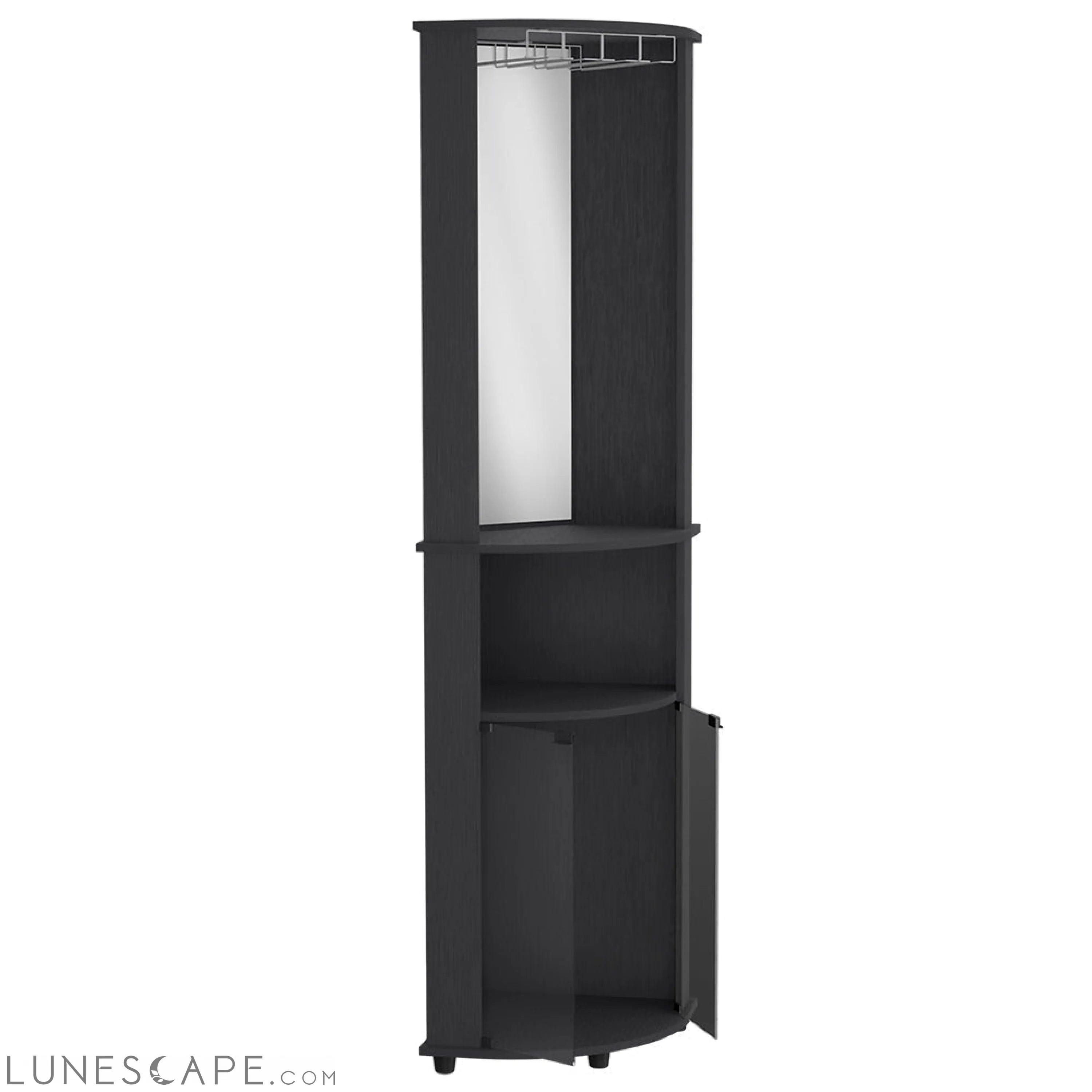 Corner Bar Cabinet Rialto, Three Shelves, Black Wengue Finish LUNESCAPE