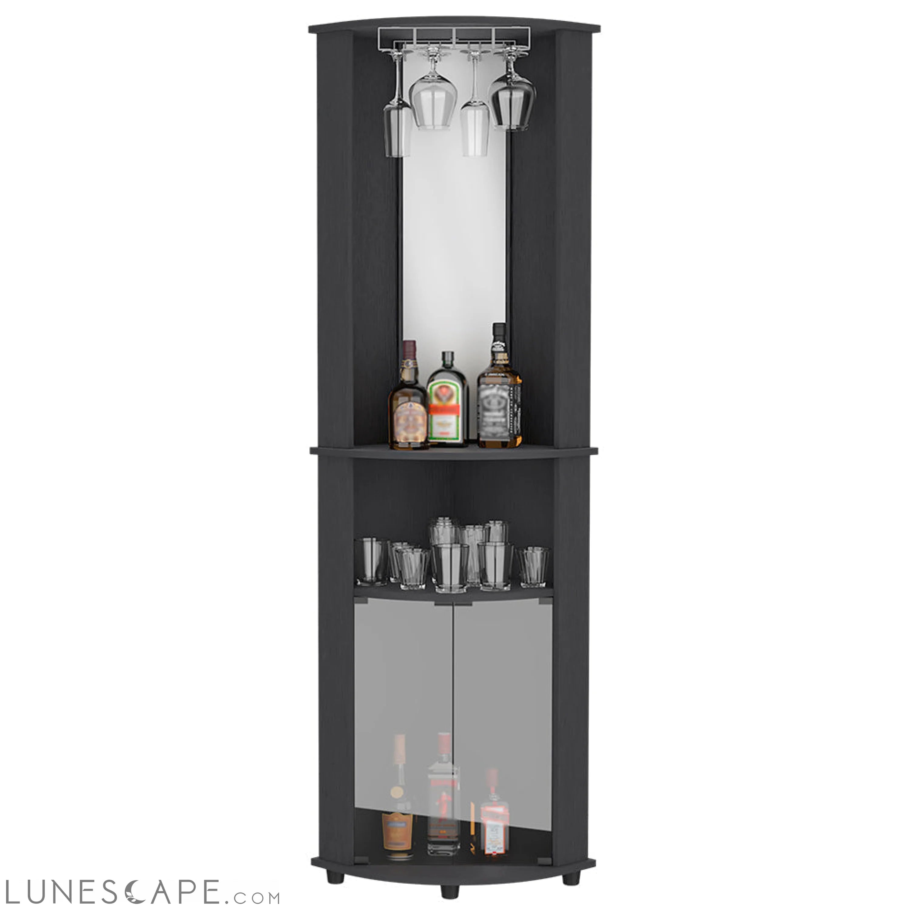 Corner Bar Cabinet Rialto, Three Shelves, Black Wengue Finish LUNESCAPE