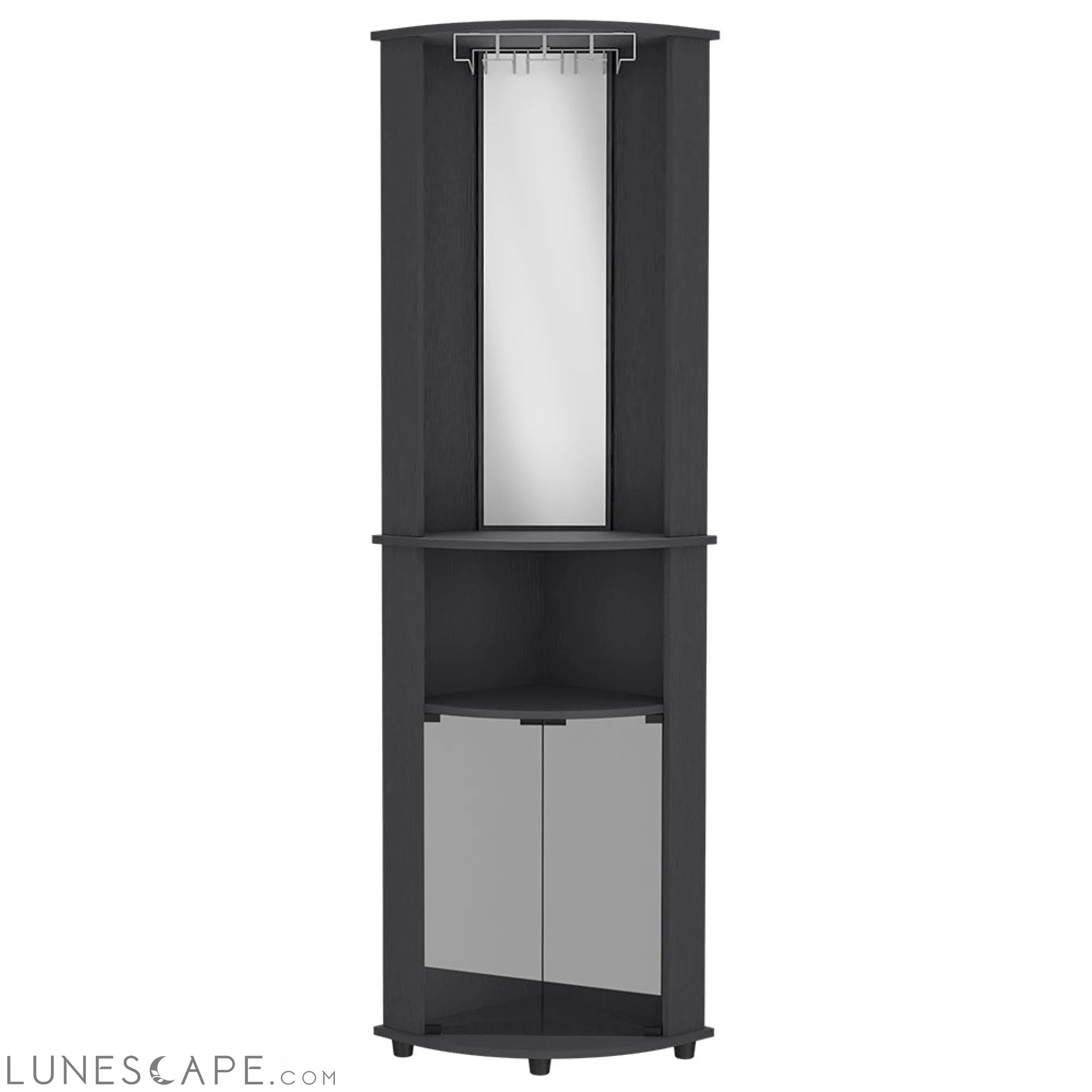 Corner Bar Cabinet Rialto, Three Shelves, Black Wengue Finish LUNESCAPE