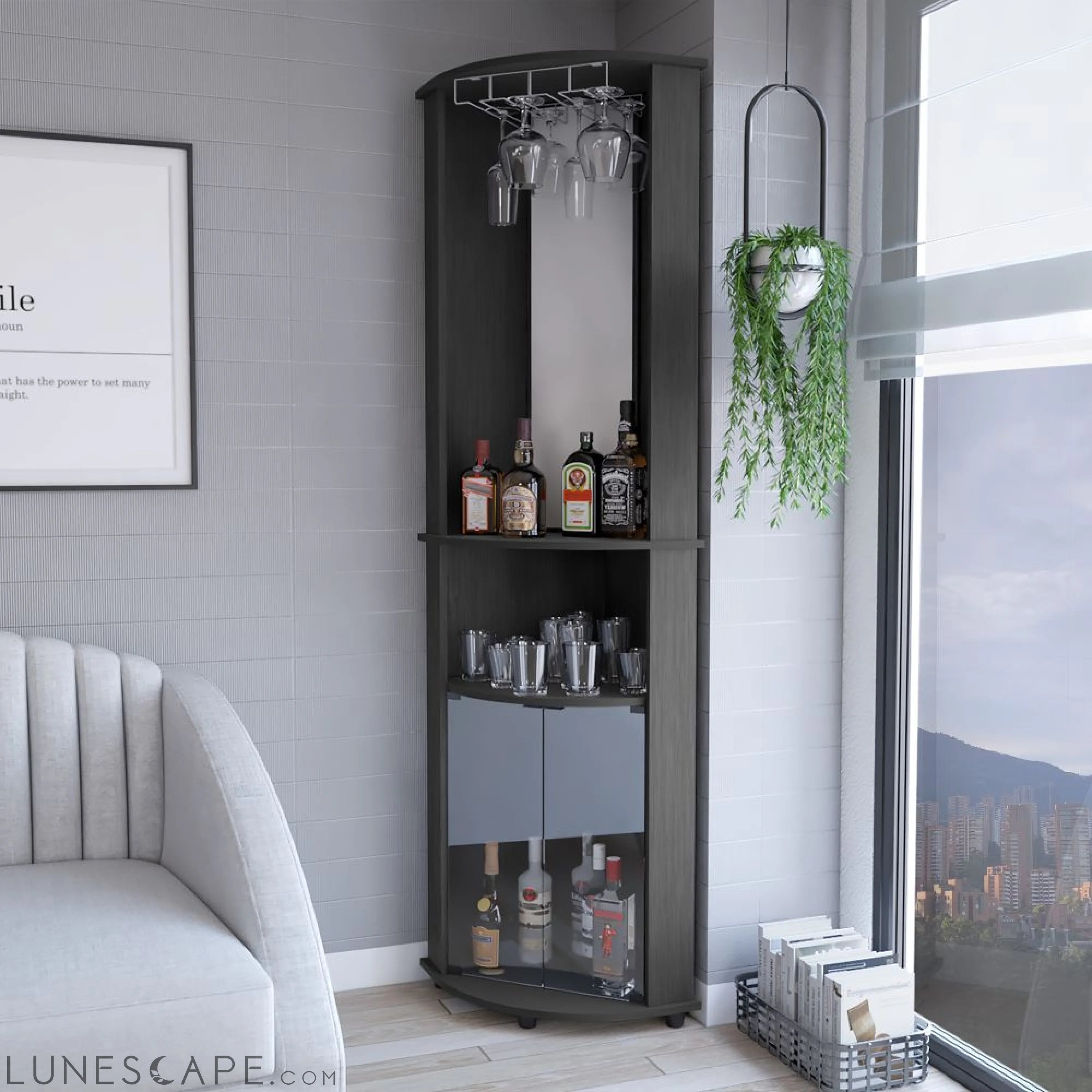 Corner Bar Cabinet Rialto, Three Shelves, Black Wengue Finish LUNESCAPE