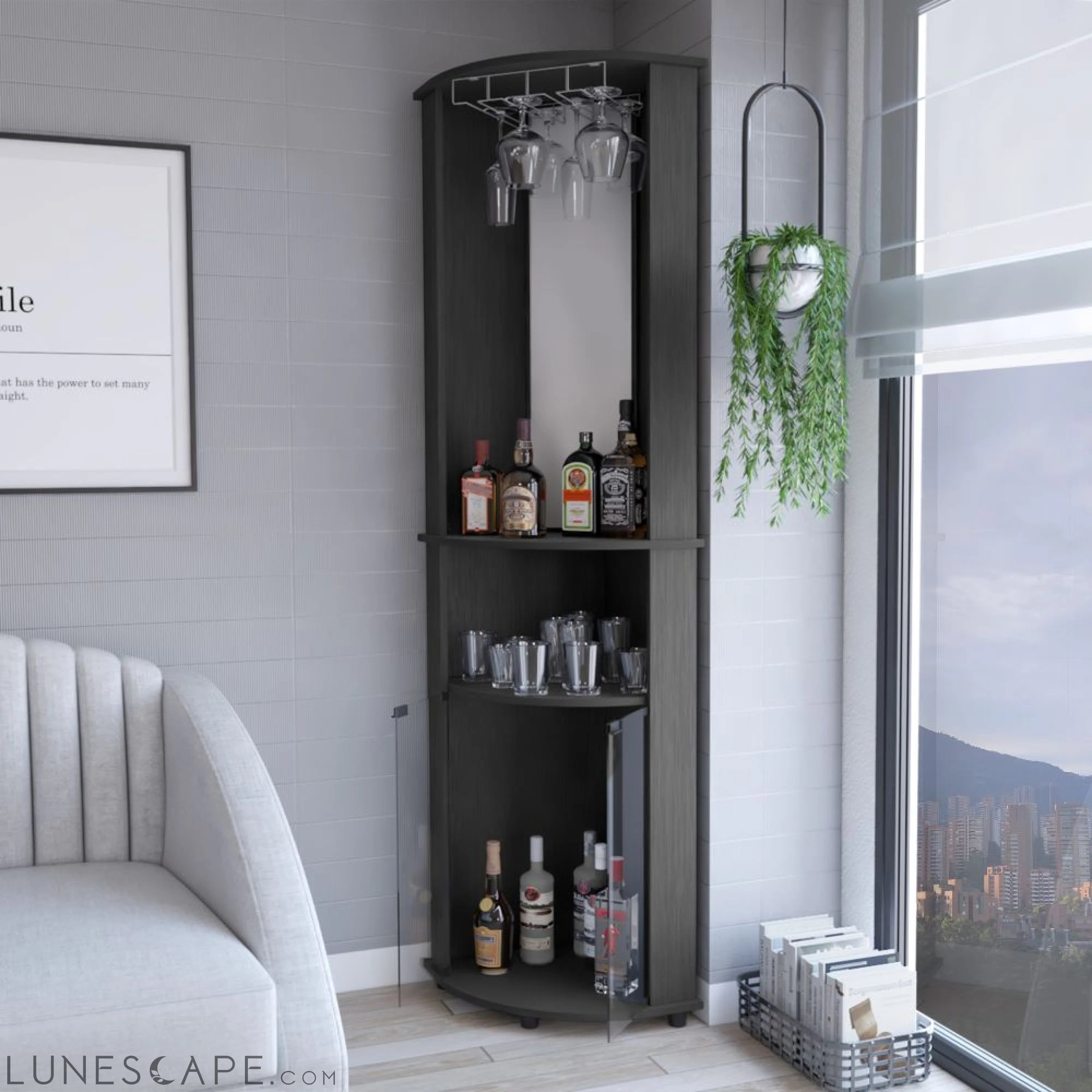Corner Bar Cabinet Rialto, Three Shelves, Black Wengue Finish LUNESCAPE