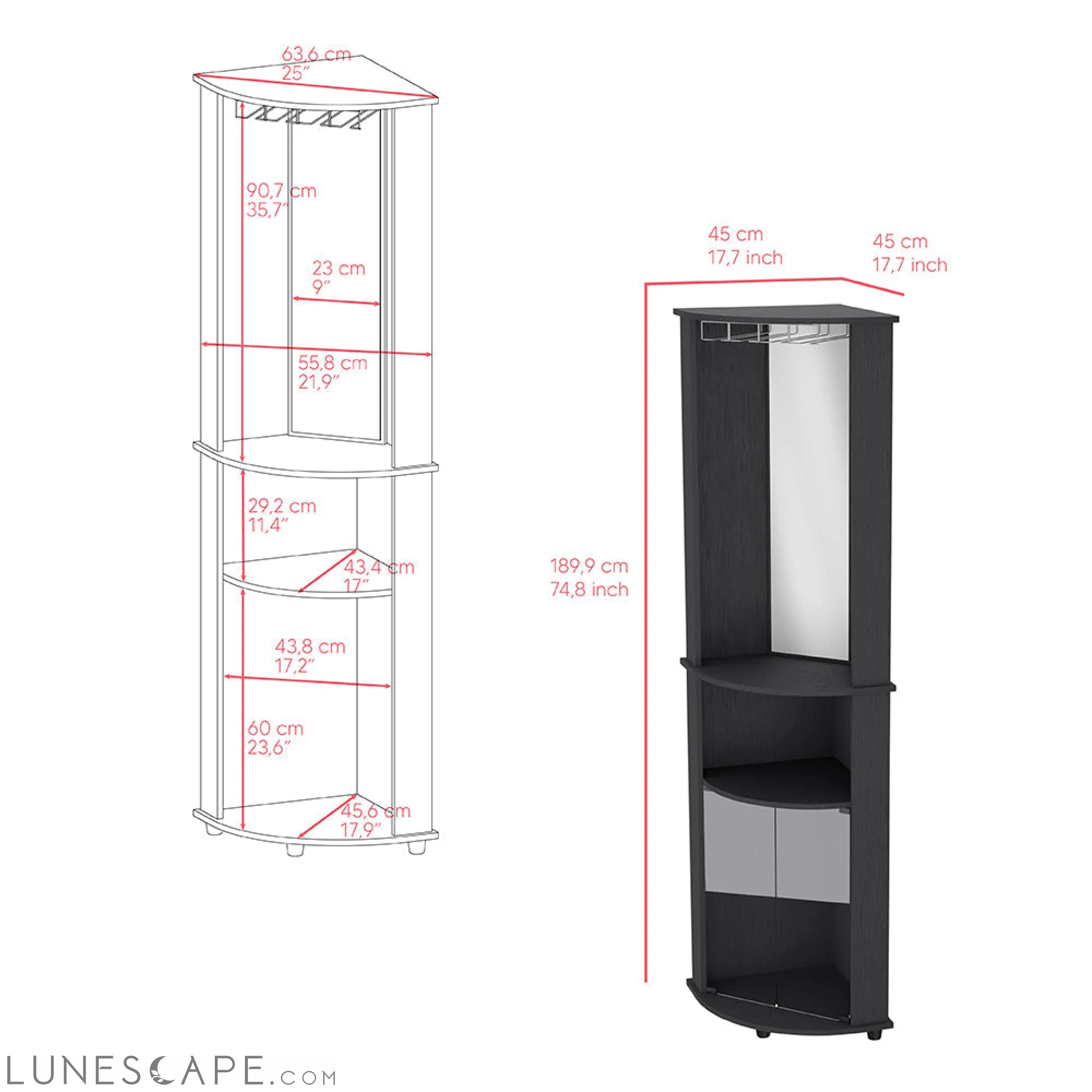 Corner Bar Cabinet Rialto, Three Shelves, Black Wengue Finish LUNESCAPE